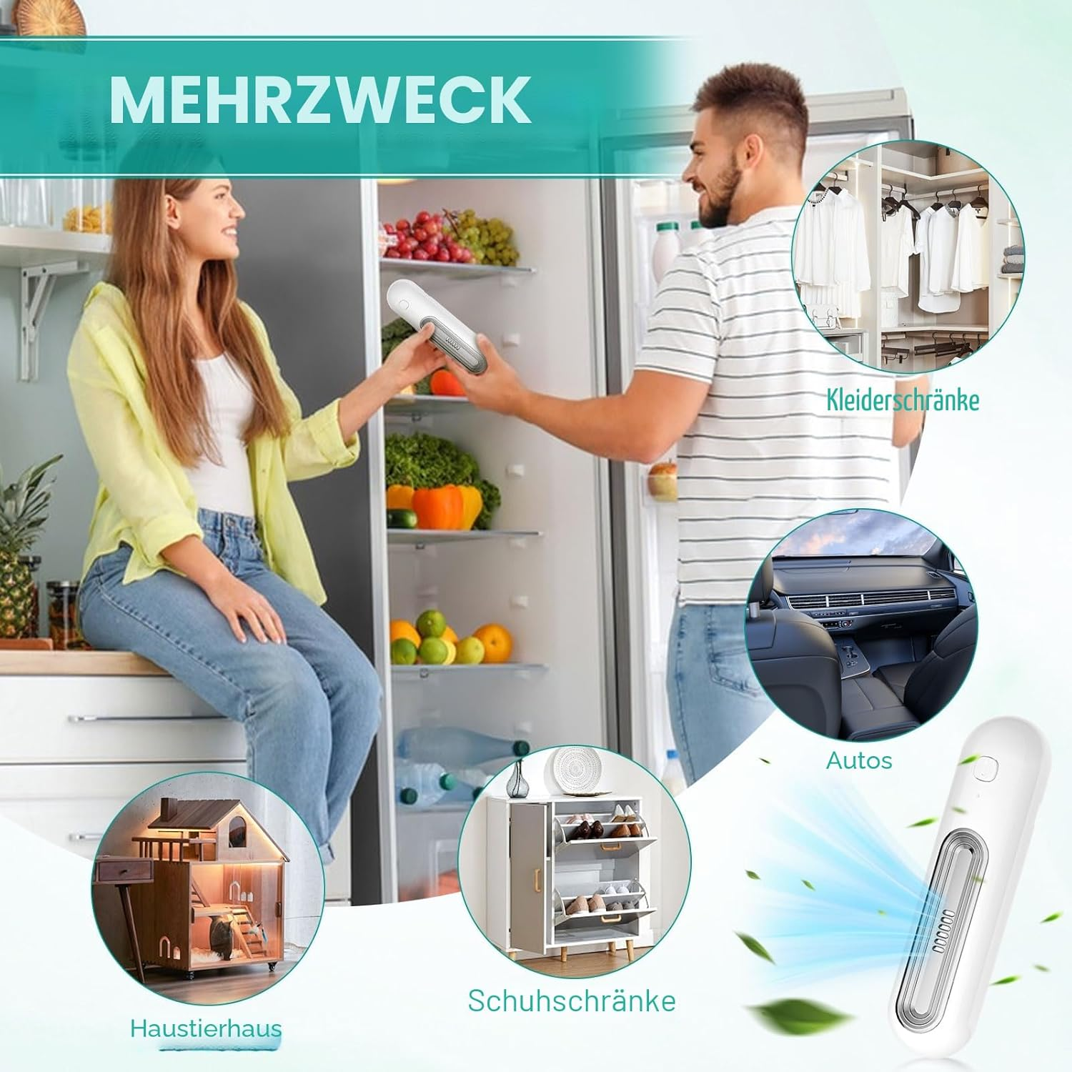 Ein Paar zeigt ein multifunktionales Gerät, das in verschiedenen Szenarien verwendet wird.