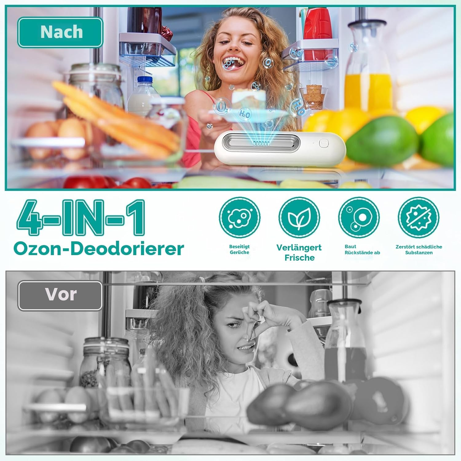 Vorher/Nachher-Vergleich eines Kühlschranks mit einem Ozon-Deodorierer.