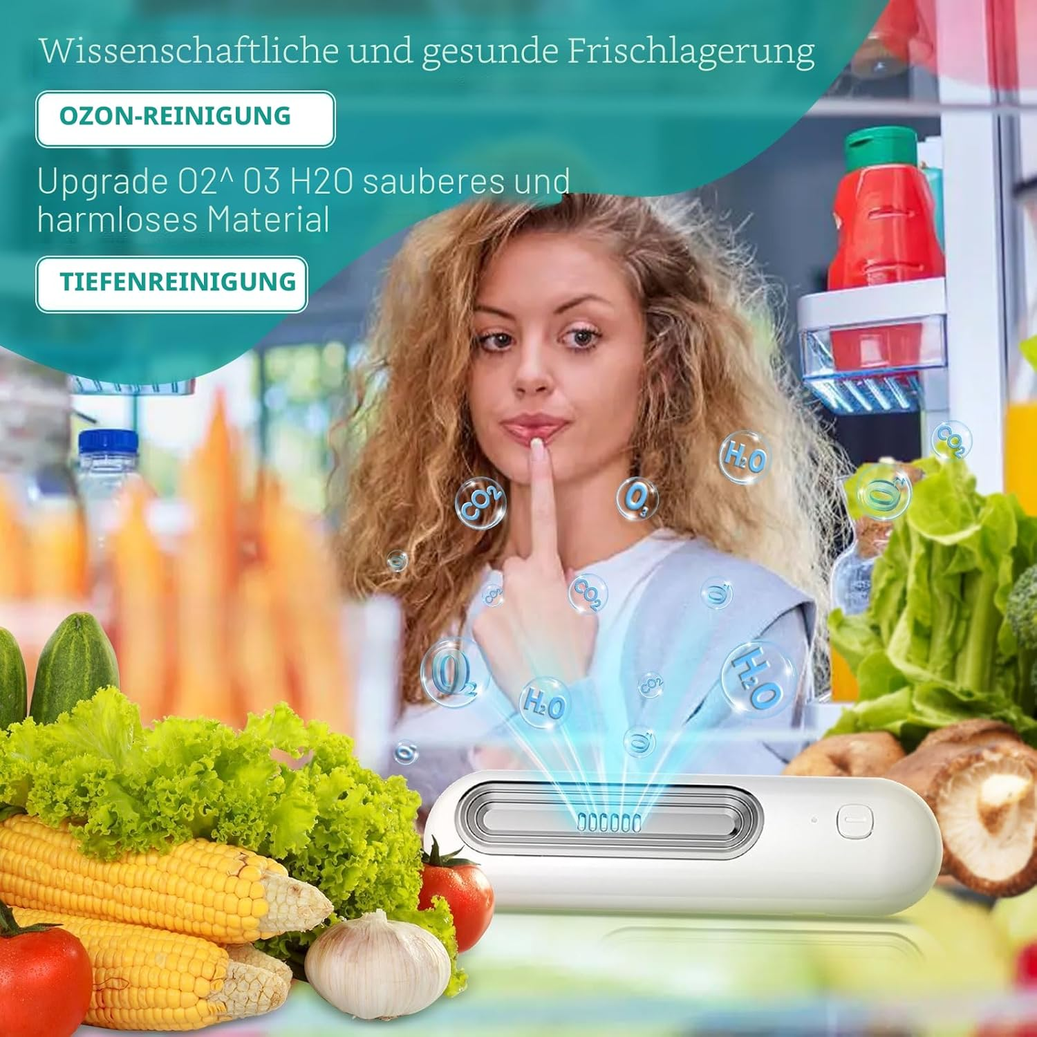 Ein Gerät zur Ozonreinigung mit Gemüse, Obst und einer Frau im Hintergrund.
