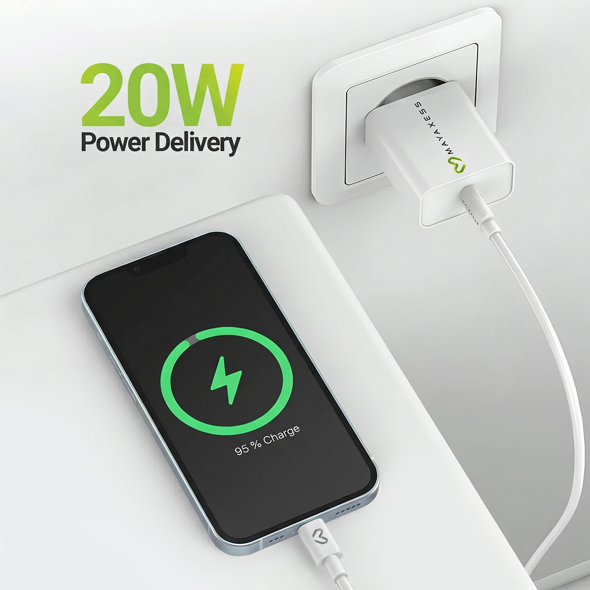 Ein Smartphone wird mit einem 20W Netzteil geladen. Der Akku ist zu 95% voll.