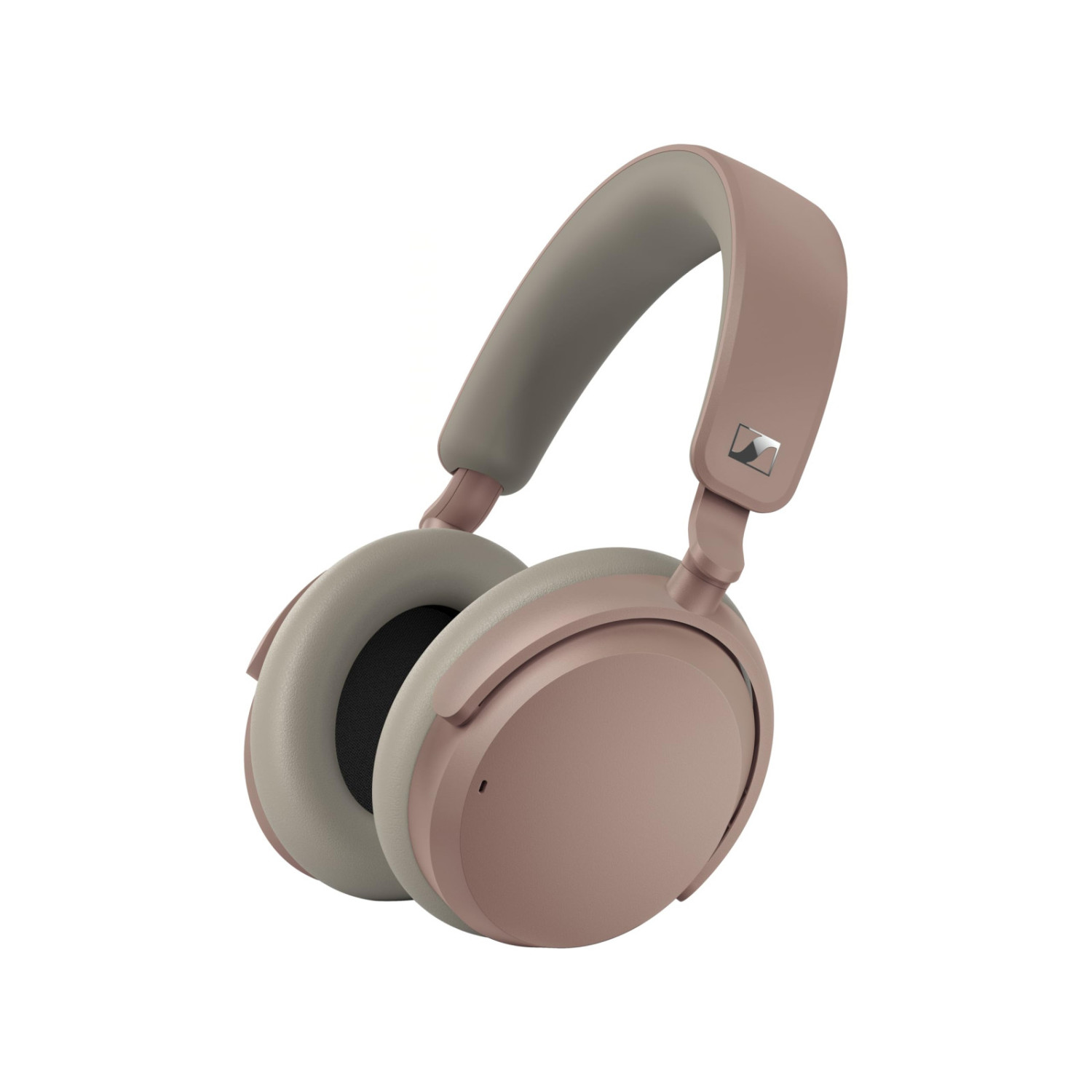 Un paio di cuffie color oro rosa con padiglioni grigi e archetto grigio.