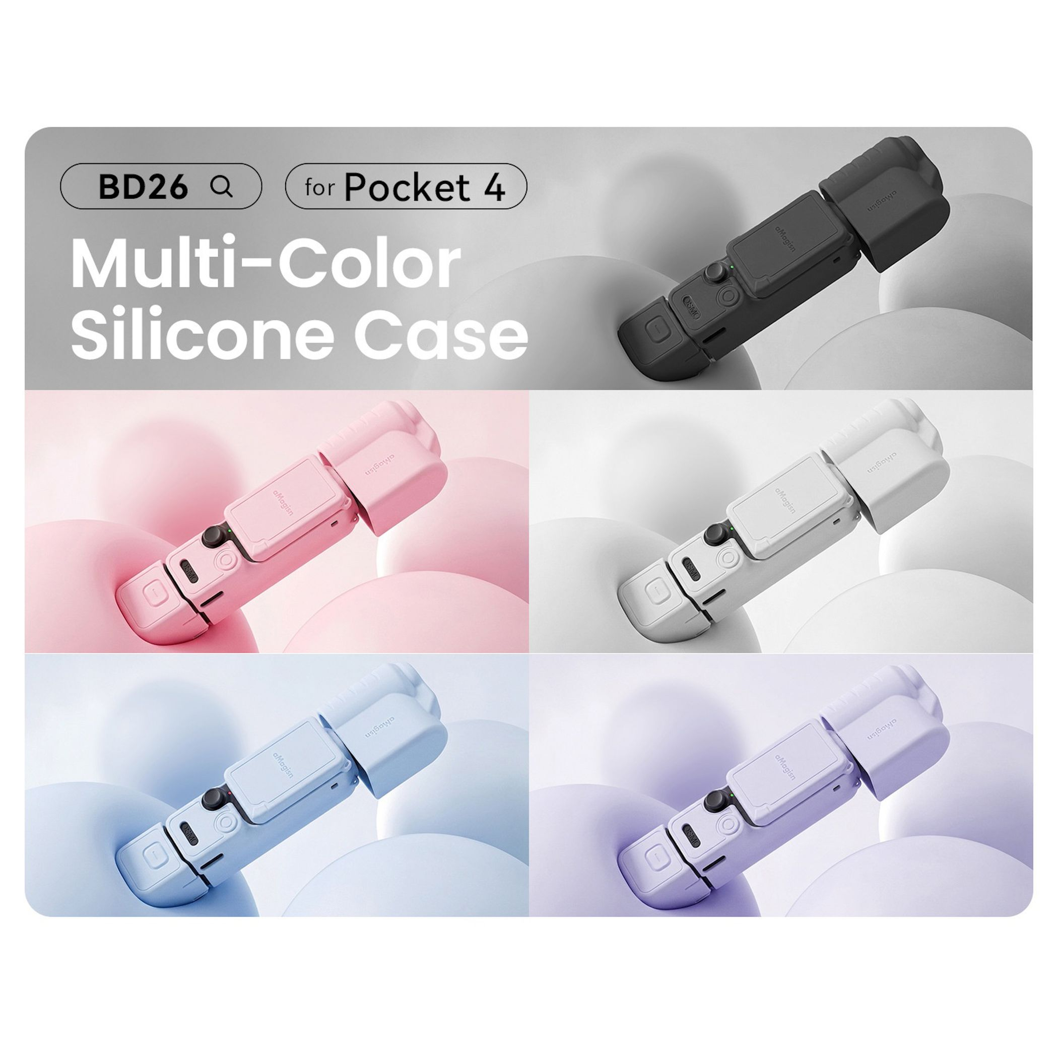 Mehrfarbige Silikonhüllen für Pocket 4: schwarz, pink, weiß, blau, lila.