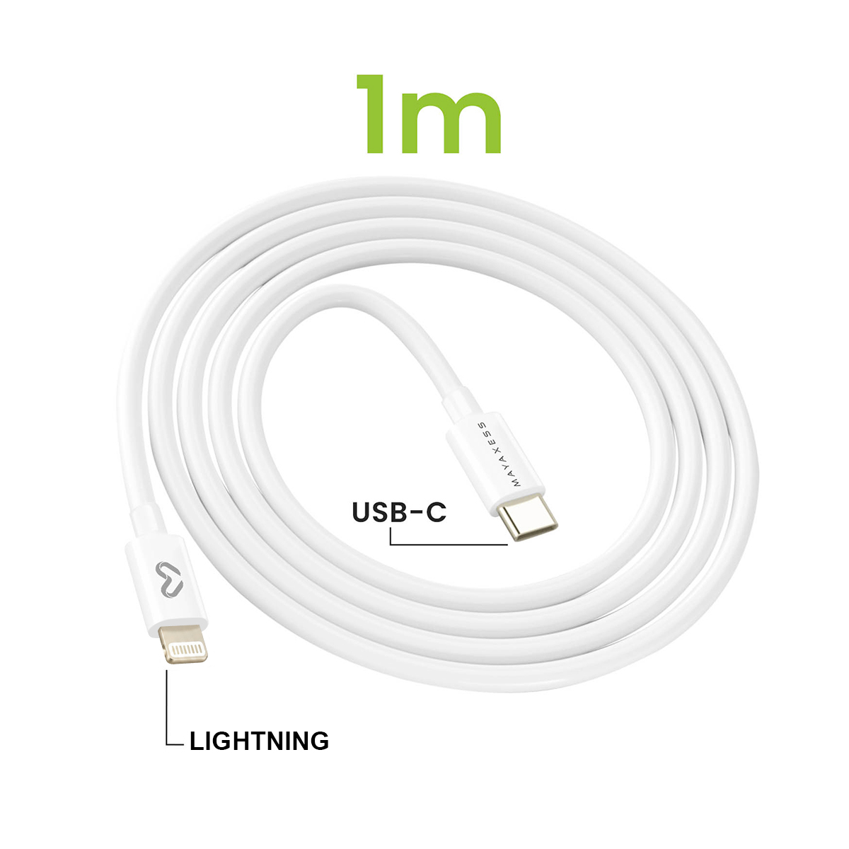 Ein weißes 1m Ladekabel mit USB-C und Lightning Anschlüssen.
