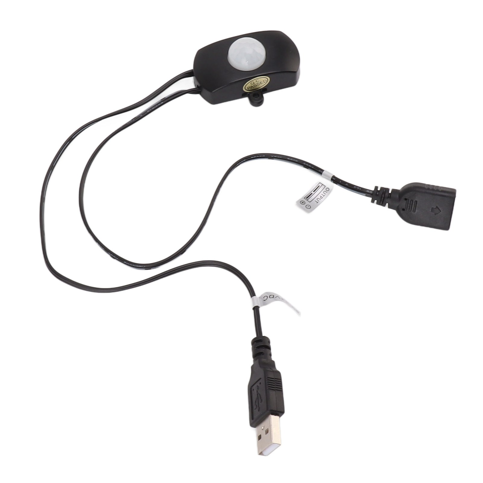 Schwarzer Bewegungsmelder mit USB-Anschluss und "OUTPUT"-Beschriftung.
