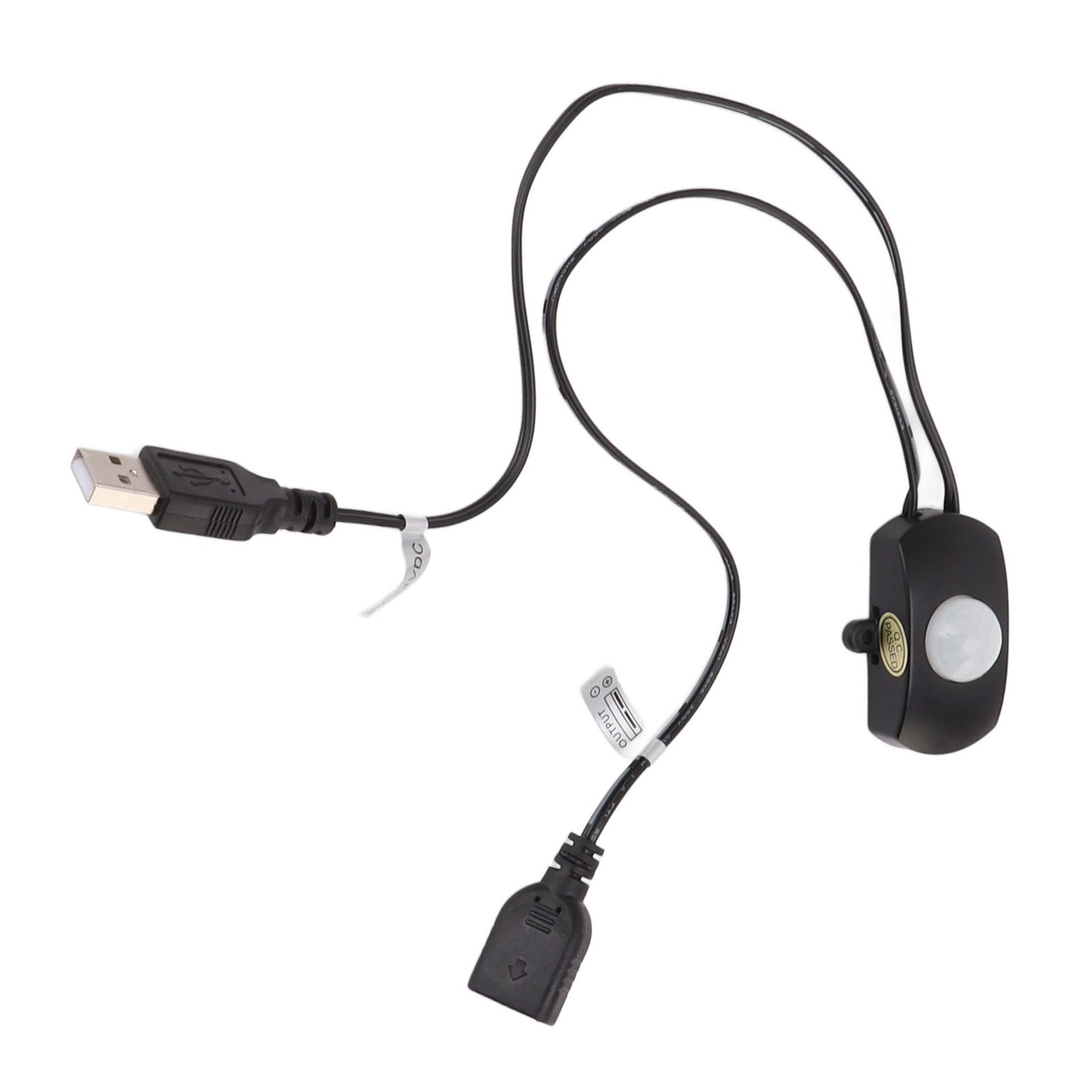 Ein schwarzes USB-Kabel mit PIR-Sensor und einer Buchse.