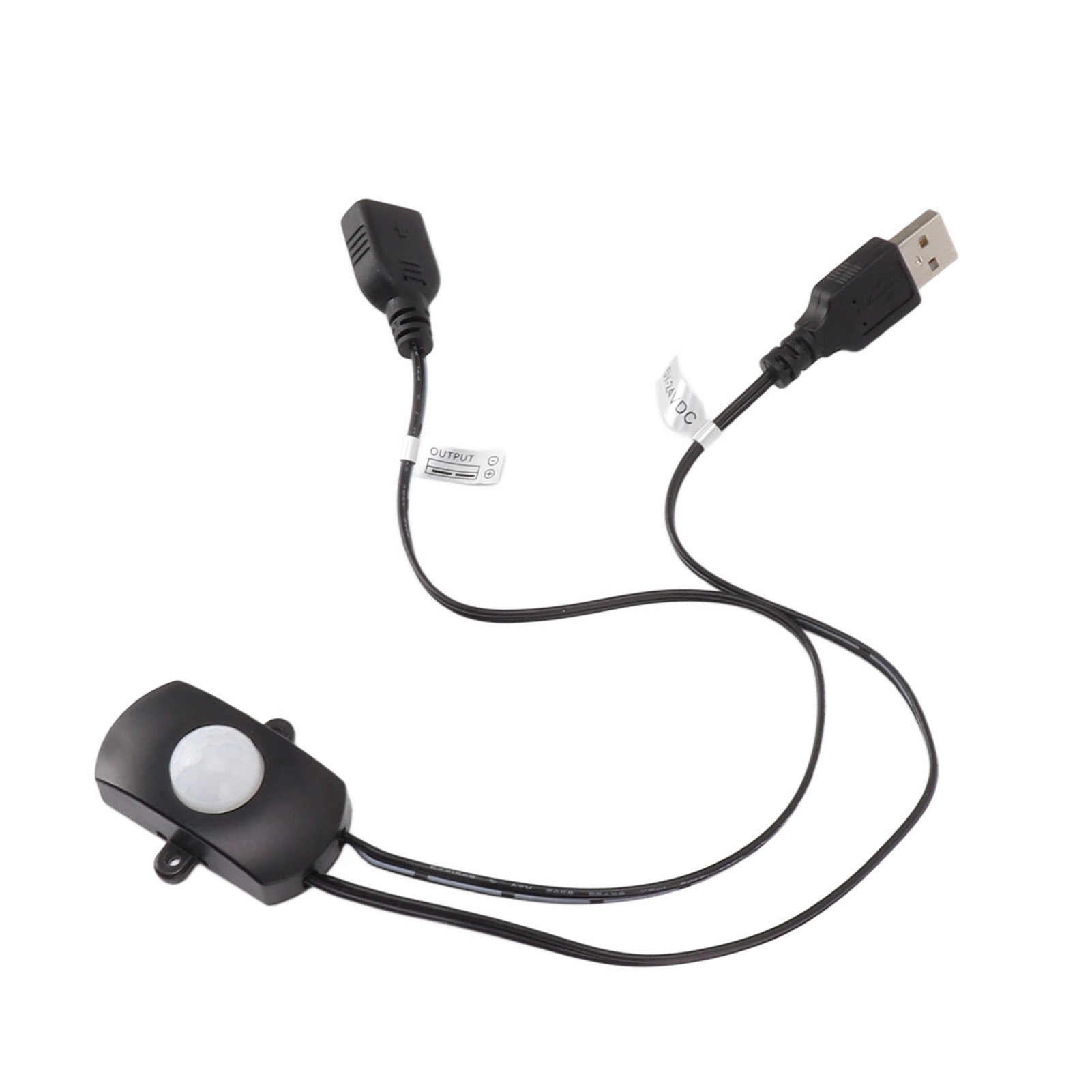 Ein schwarzer Bewegungsmelder mit USB-Anschluss und "OUTPUT"-Markierung.