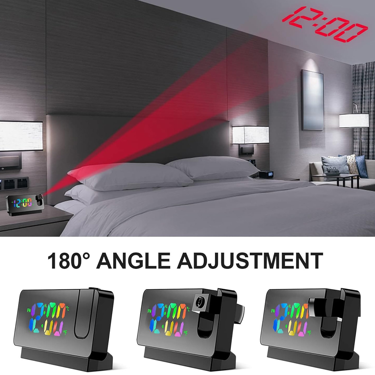 Ein Projektionswecker wirft rote Strahlen auf ein Bett und zeigt die Zeit an der Decke.