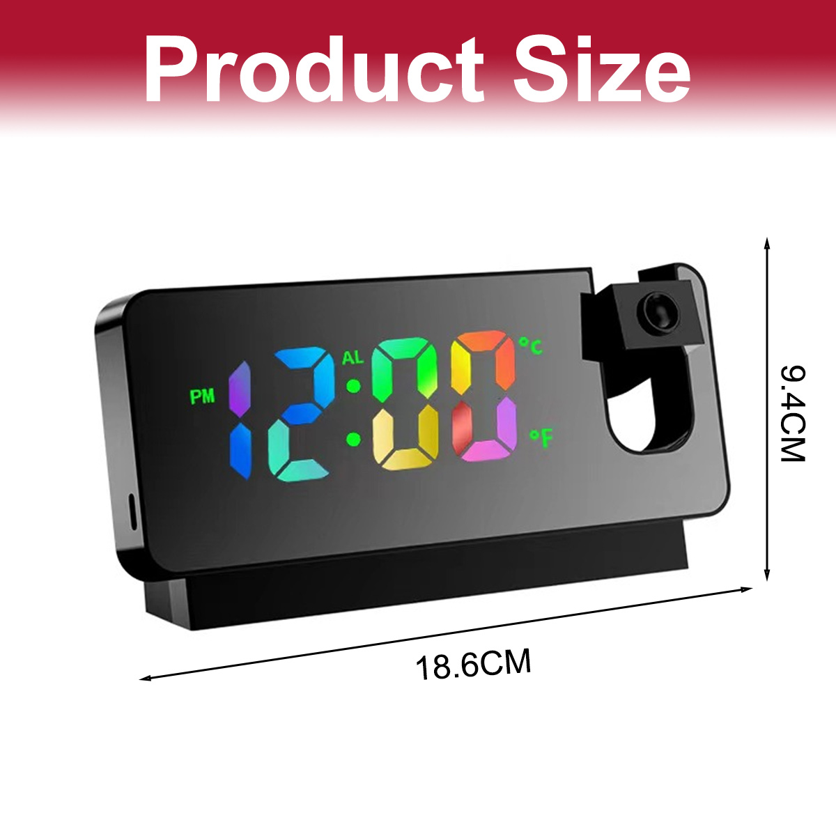 Digitaluhr mit farbigem Display zeigt 12:00. Maße 18,6x9,4cm.