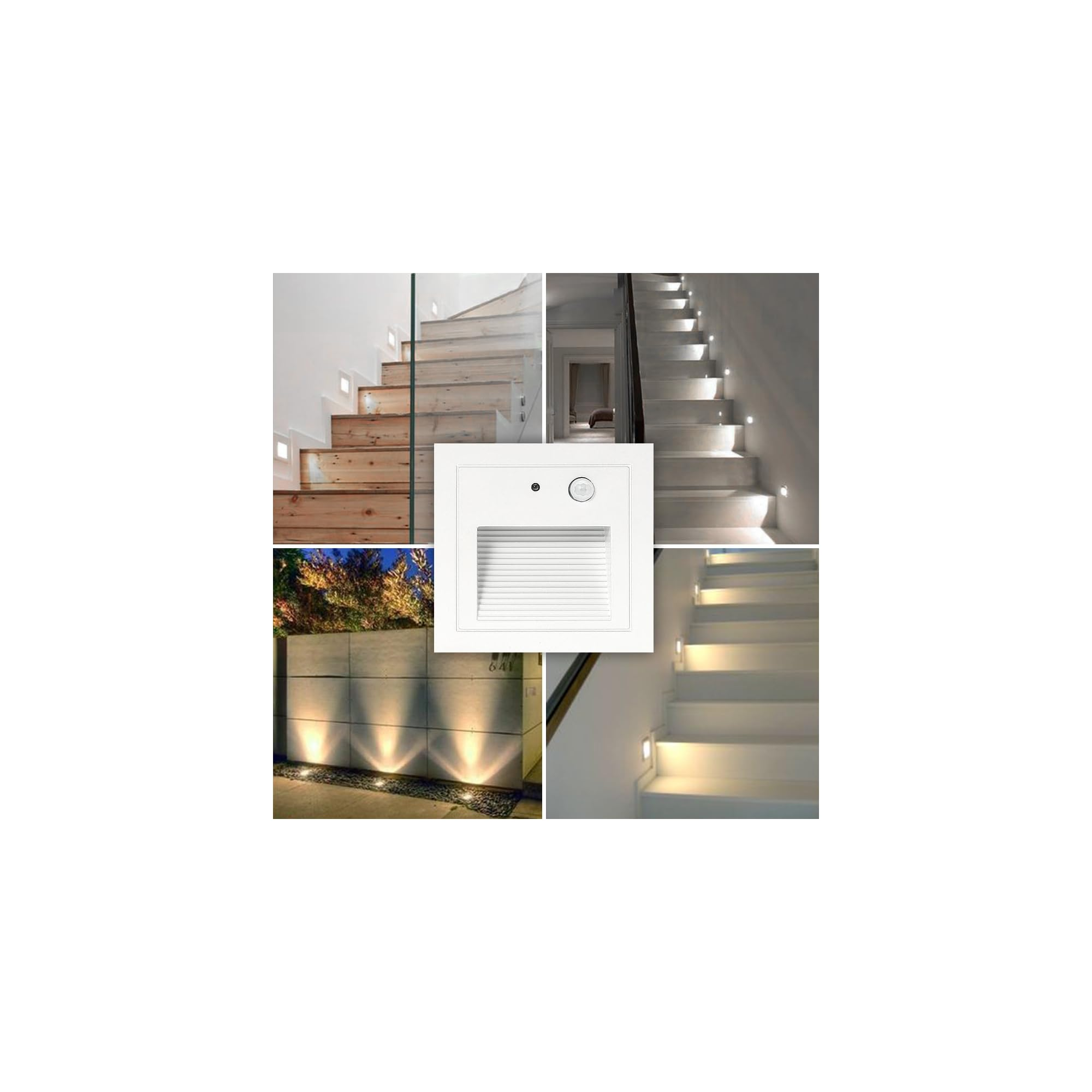 Beleuchtete Treppen und Außenwand mit Bodenspots.