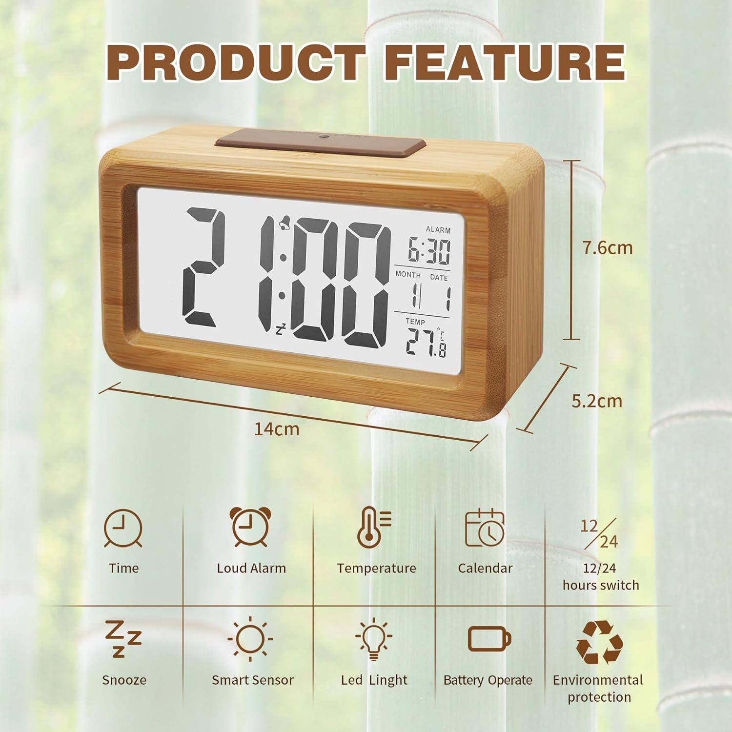 Ein Holzwecker mit digitaler Anzeige zeigt 21:00 Uhr, Alarm 6:30, Datum 1.1, Temperatur 27°C.