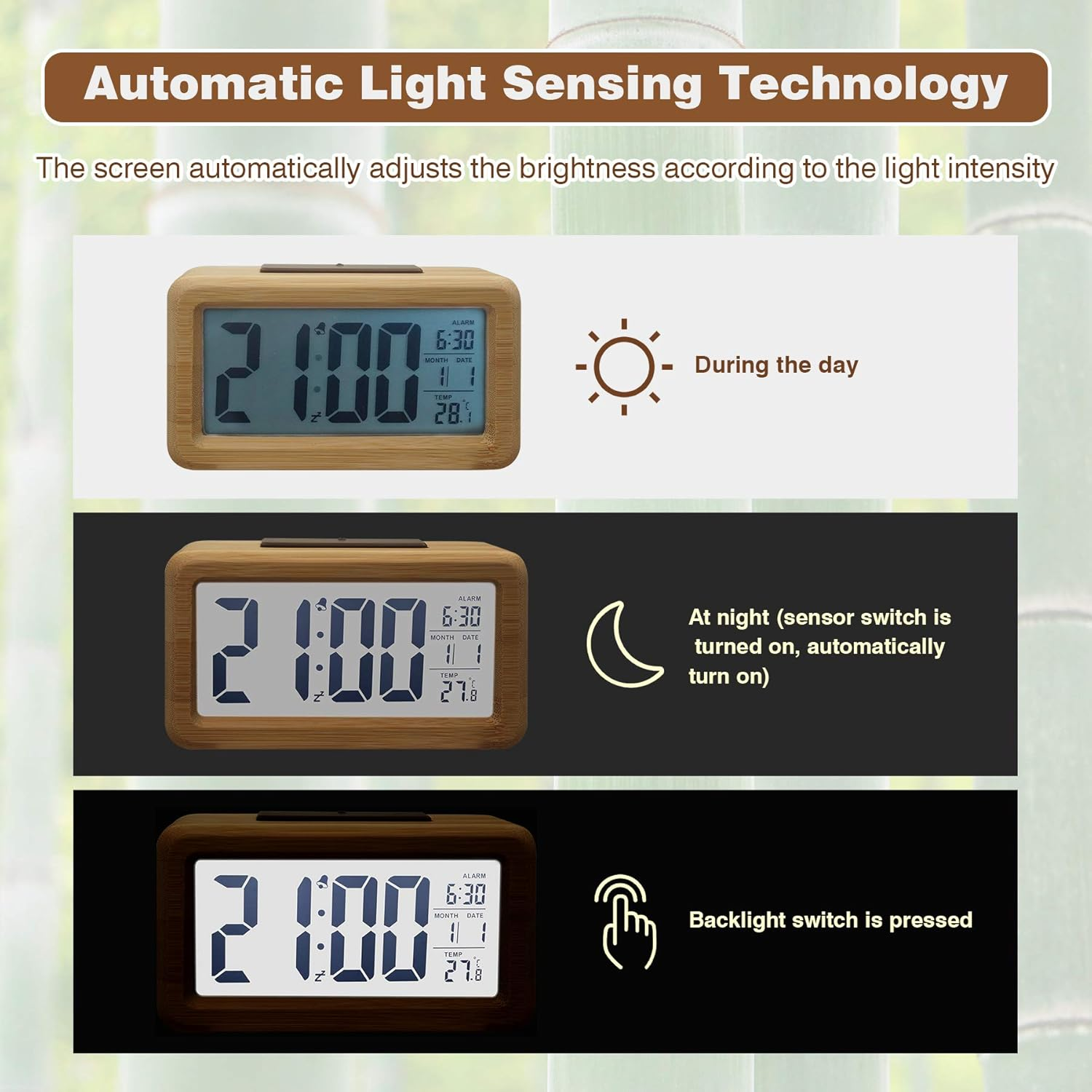 Digitaluhr mit Holzgehäuse zeigt Zeit, Datum, Temperatur und Alarm an. Helligkeit passt sich an.