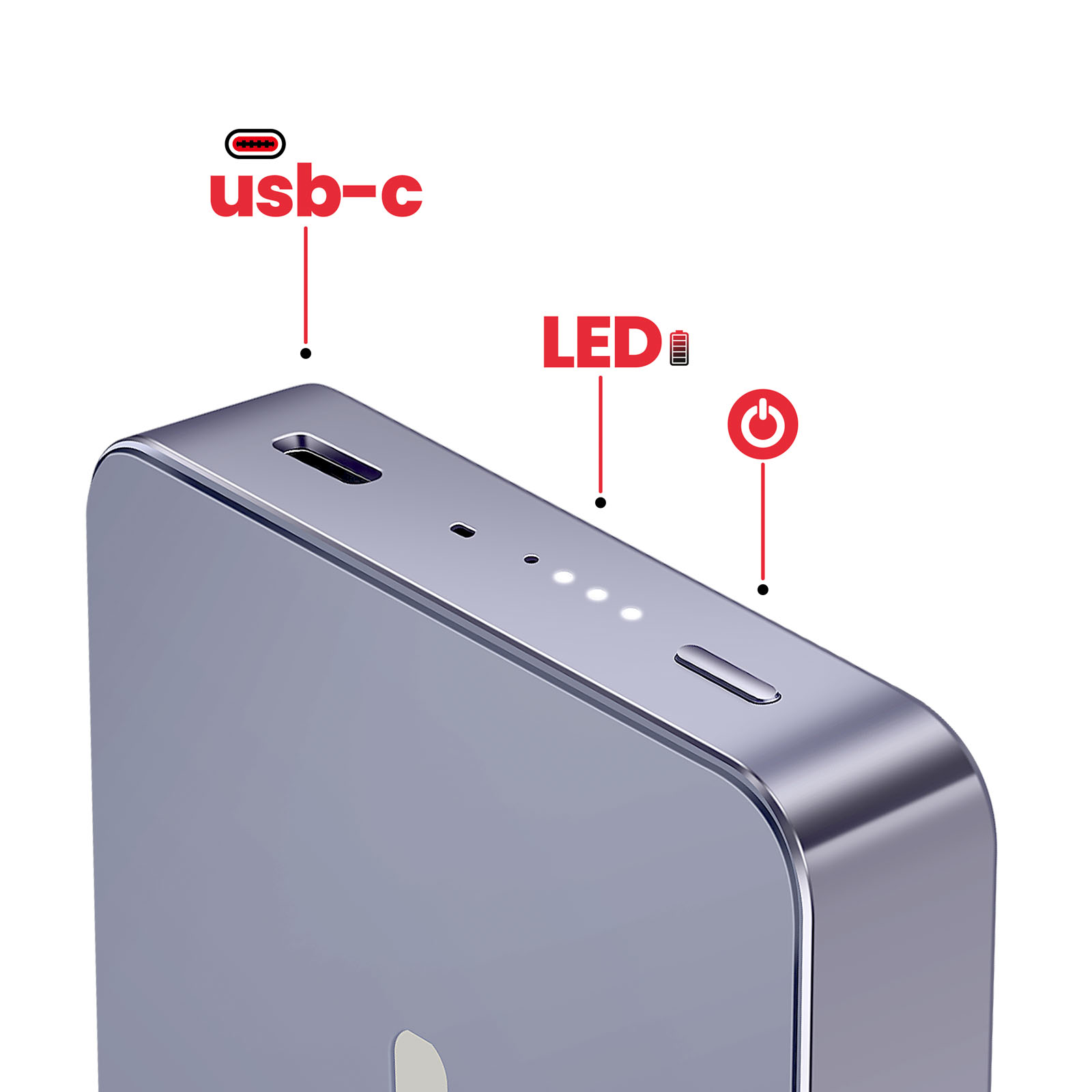 Una custodia di ricarica grigia con porta USB-C e indicatori LED.
