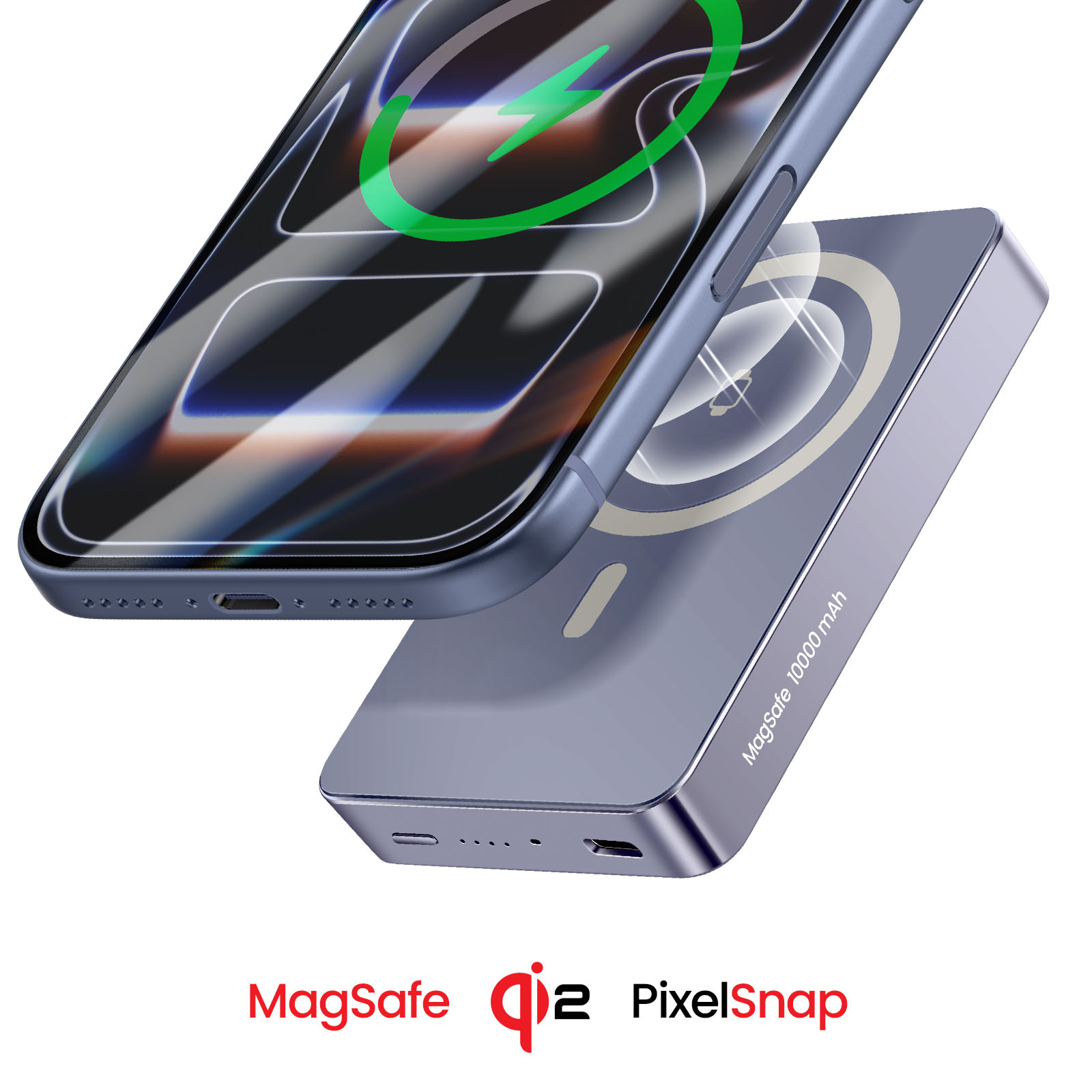 Uno smartphone blu si carica su un power bank MagSafe da 10000 mAh.
