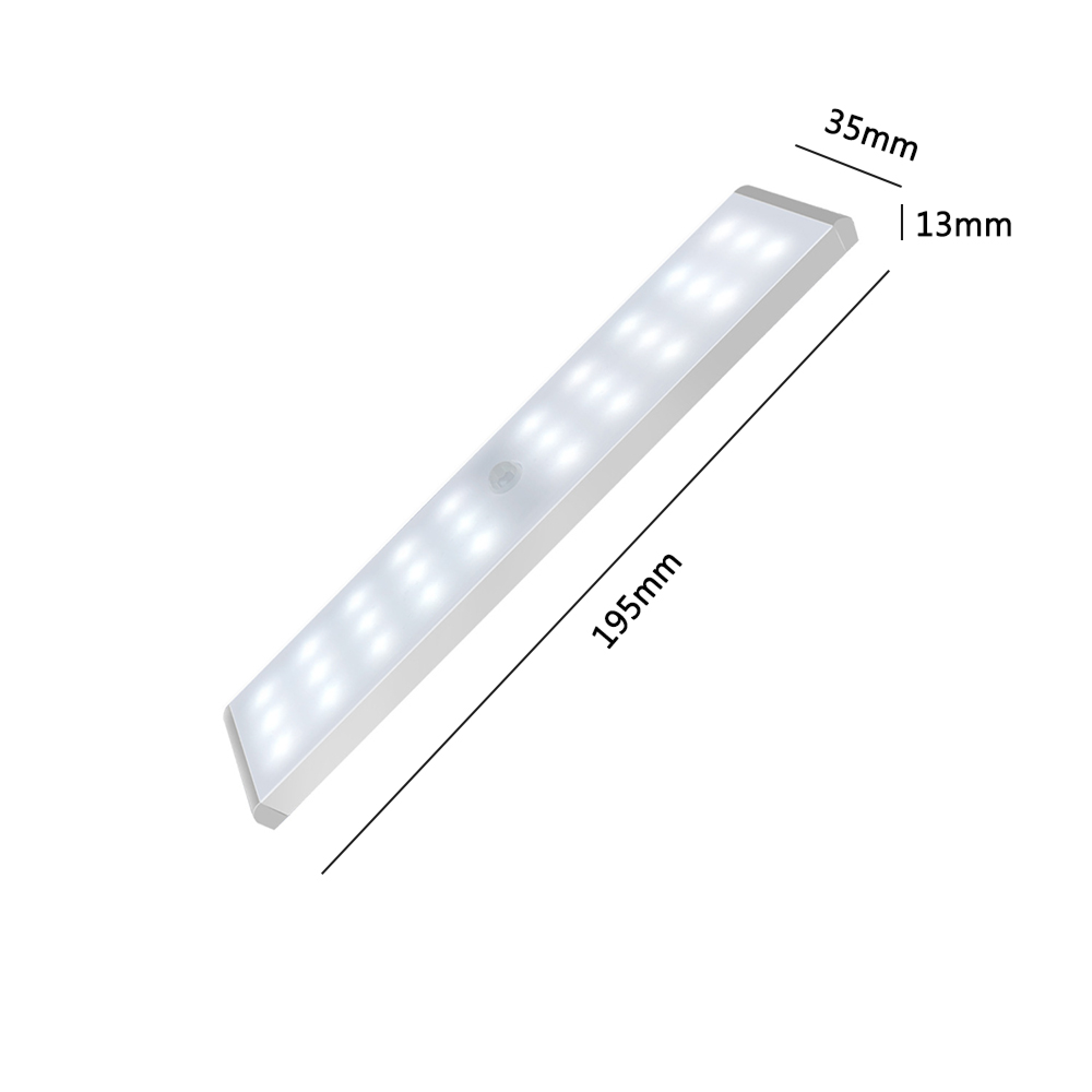 Eine weiße LED-Leiste mit Abmessungen 195x35x13mm, beleuchtet.