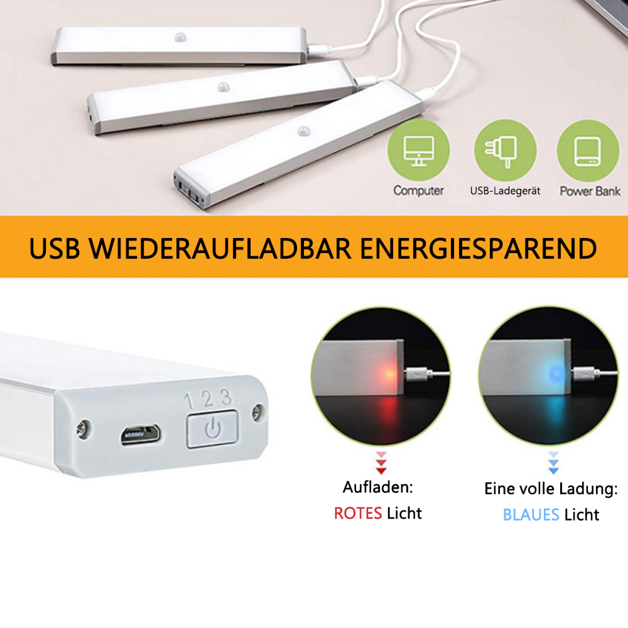 USB-wiederaufladbare Lichter zeigen Ladezustand: Rot beim Aufladen, Blau voll geladen.