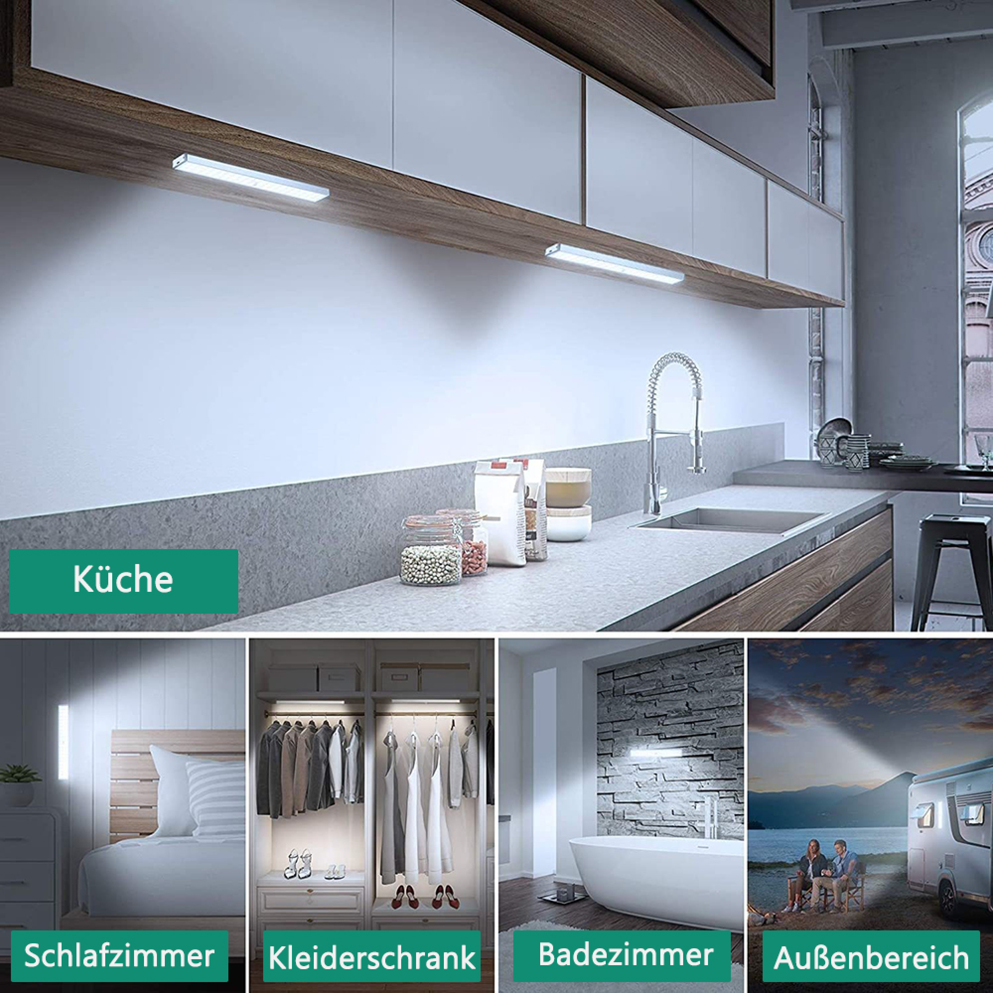 Vier Szenen: Küche, Schlafzimmer, Bad und Außenbereich mit Wohnmobil.