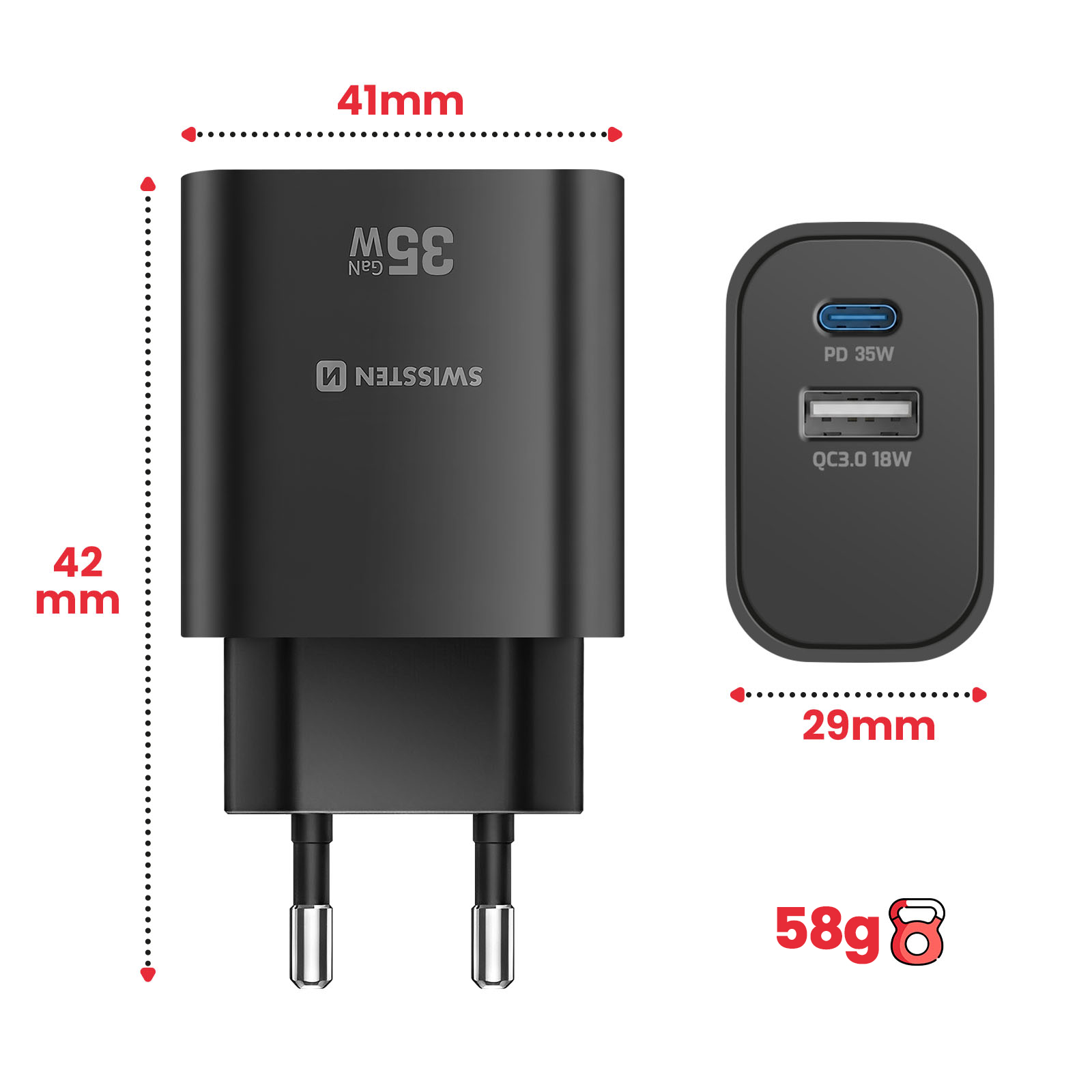 Schwarzer 35W GaN-Ladegerät mit USB-C und USB-A Anschlüssen. 41x42mm.