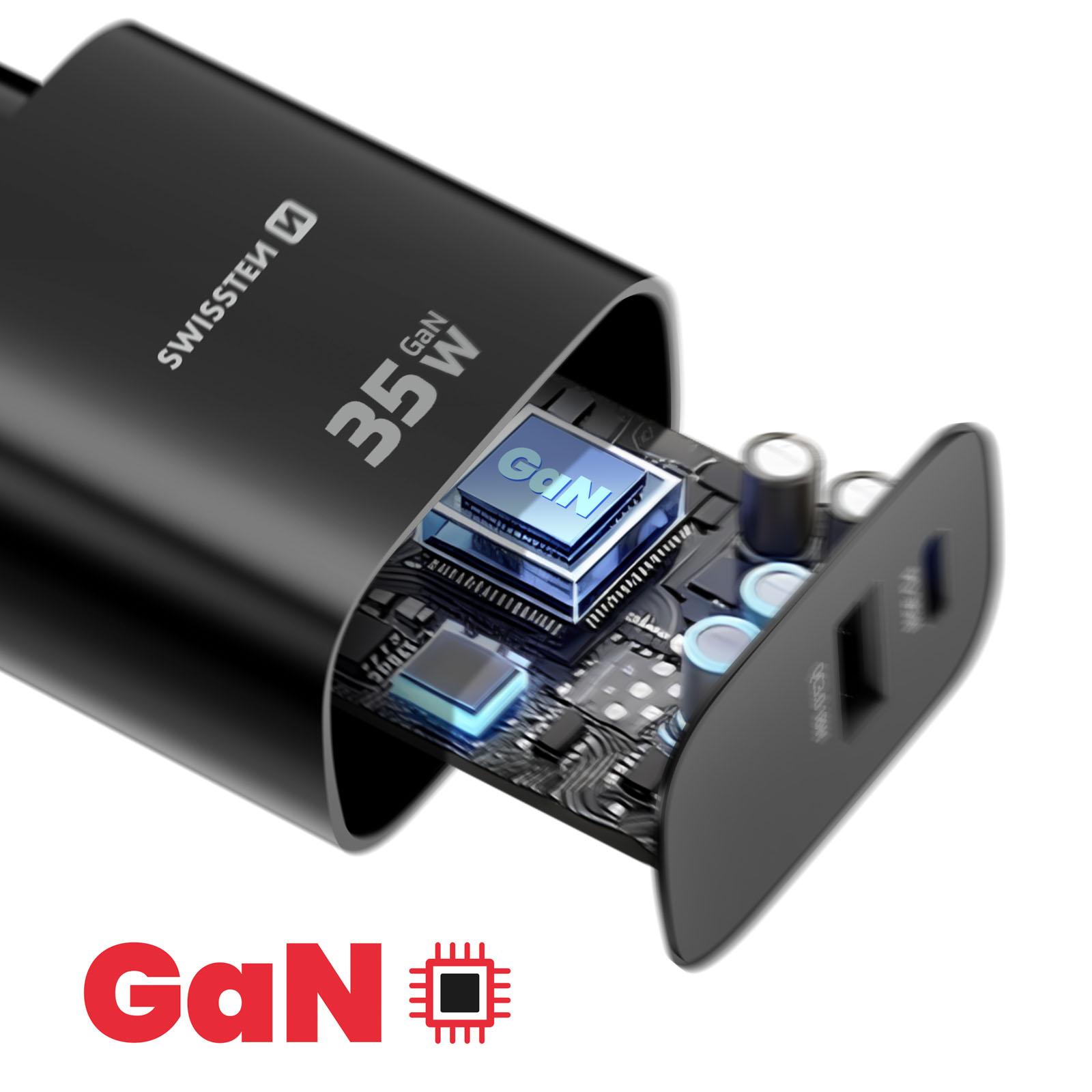 Schwarzer 35W GaN-Ladegerät mit offenliegender Platine und USB-Anschlüssen.