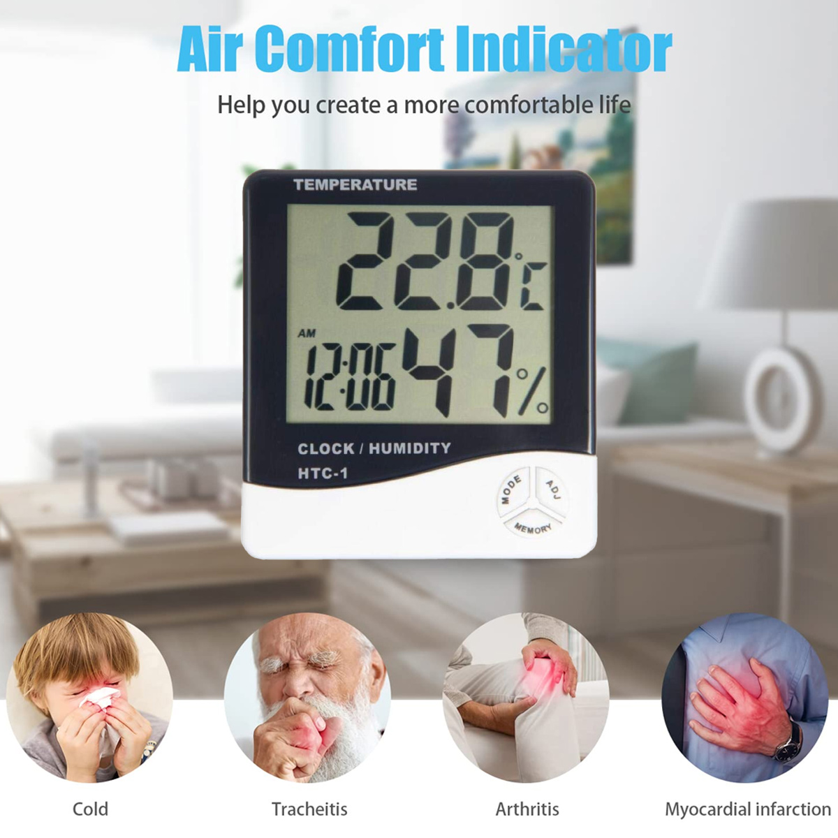 Ein Raumthermometer mit Uhrzeit und Luftfeuchtigkeit, daneben Bilder von Krankheiten.