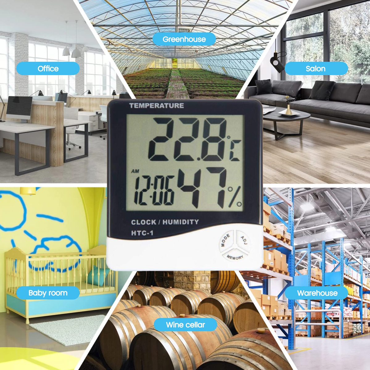 Collage zeigt Büro, Gewächshaus, Salon, Babyzimmer, Weinkeller, Lagerhaus und ein Thermometer.