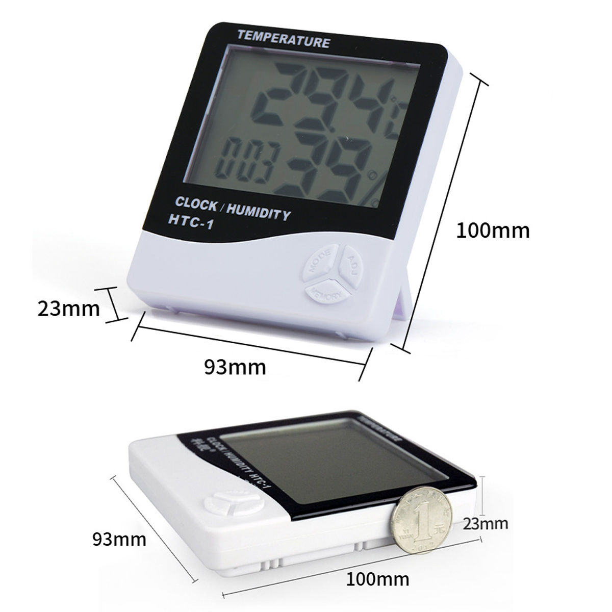 Digitaler Thermometer/Hygrometer HTC-1 zeigt Temperatur und Luftfeuchtigkeit.