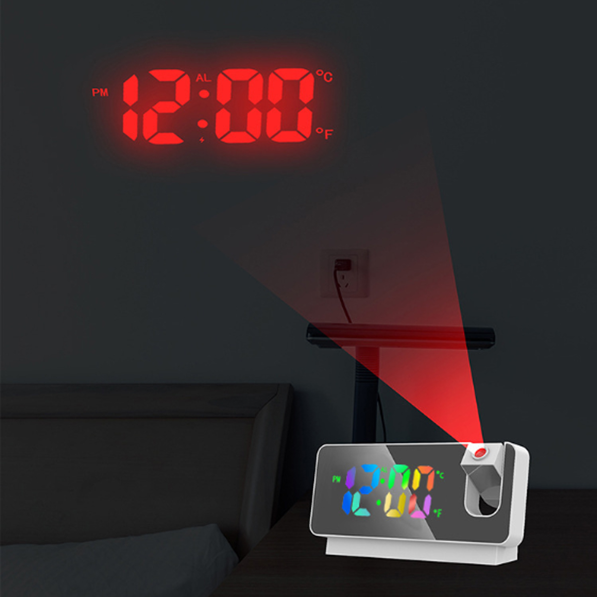 Ein digitaler Projektionswecker zeigt 12:00 Uhr rot an die Wand.