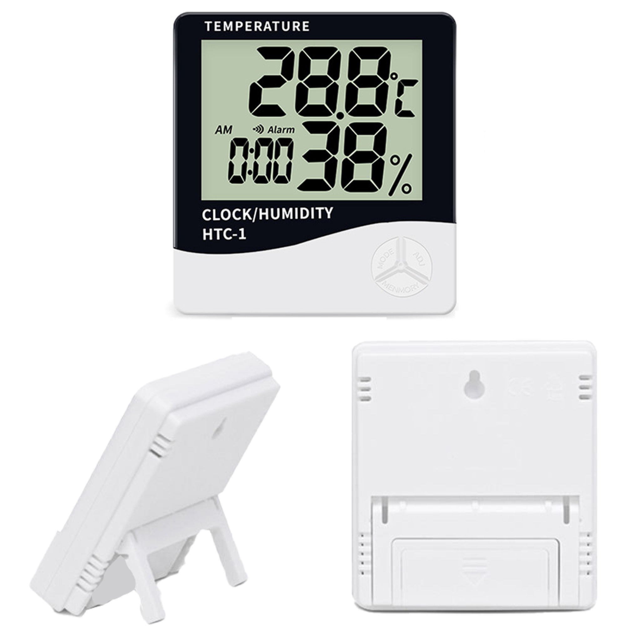 Ein weißes digitales Thermometer und Hygrometer mit LCD-Anzeige von 28,8°C und 38%.