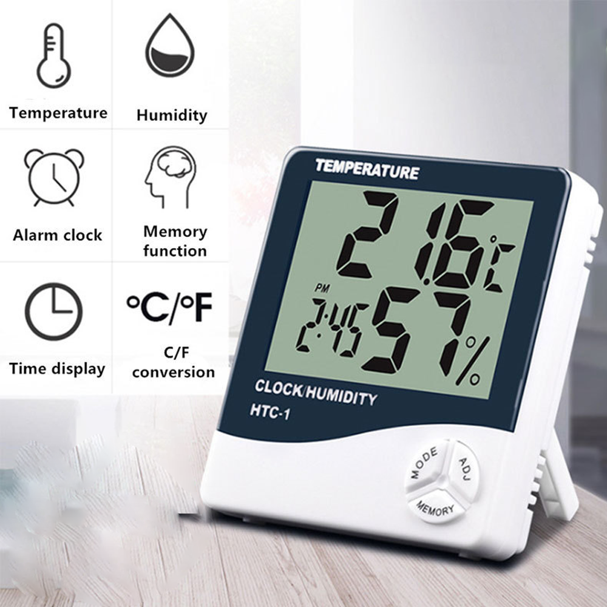 Ein digitales Thermometer/Hygrometer zeigt 21,6°C und 57% Luftfeuchtigkeit an.