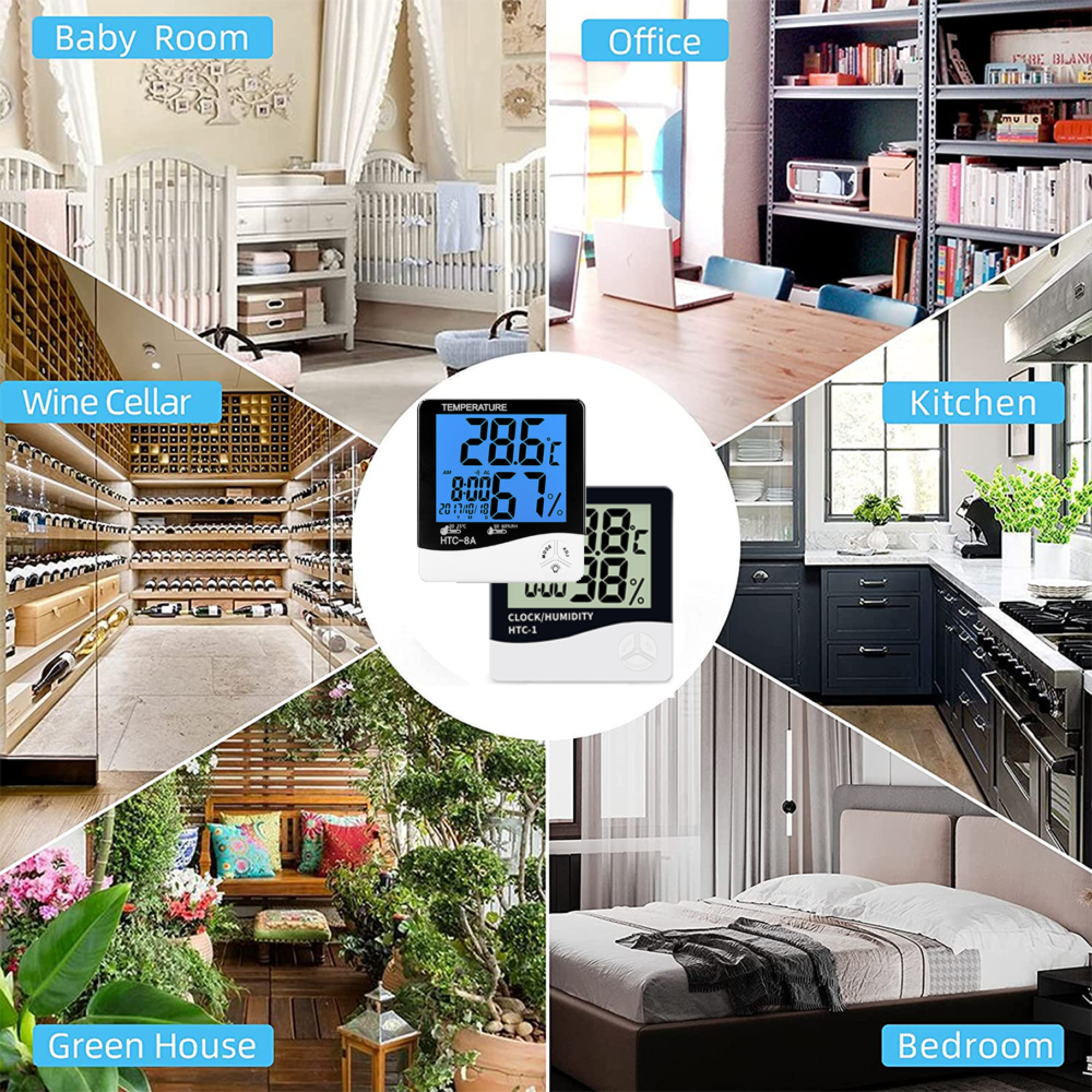 Collage von Räumen: Babyzimmer, Büro, Weinkeller, Küche, Gewächshaus, Schlafzimmer.