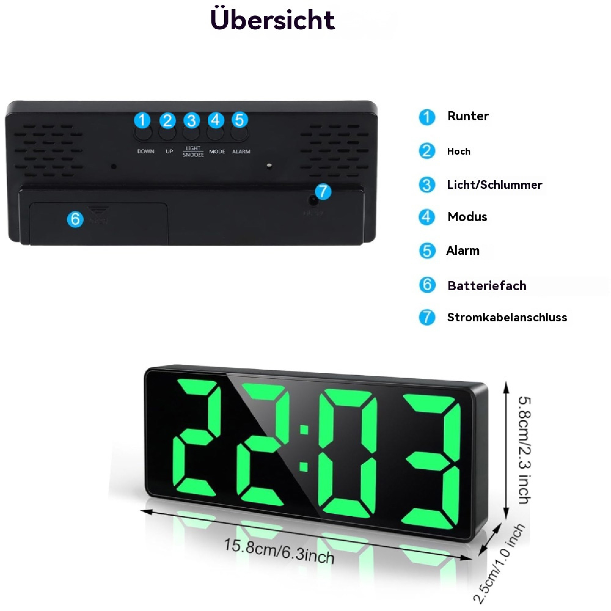 Digitaluhr zeigt 22:03, mit beschrifteten Bedienelementen und Maßen.