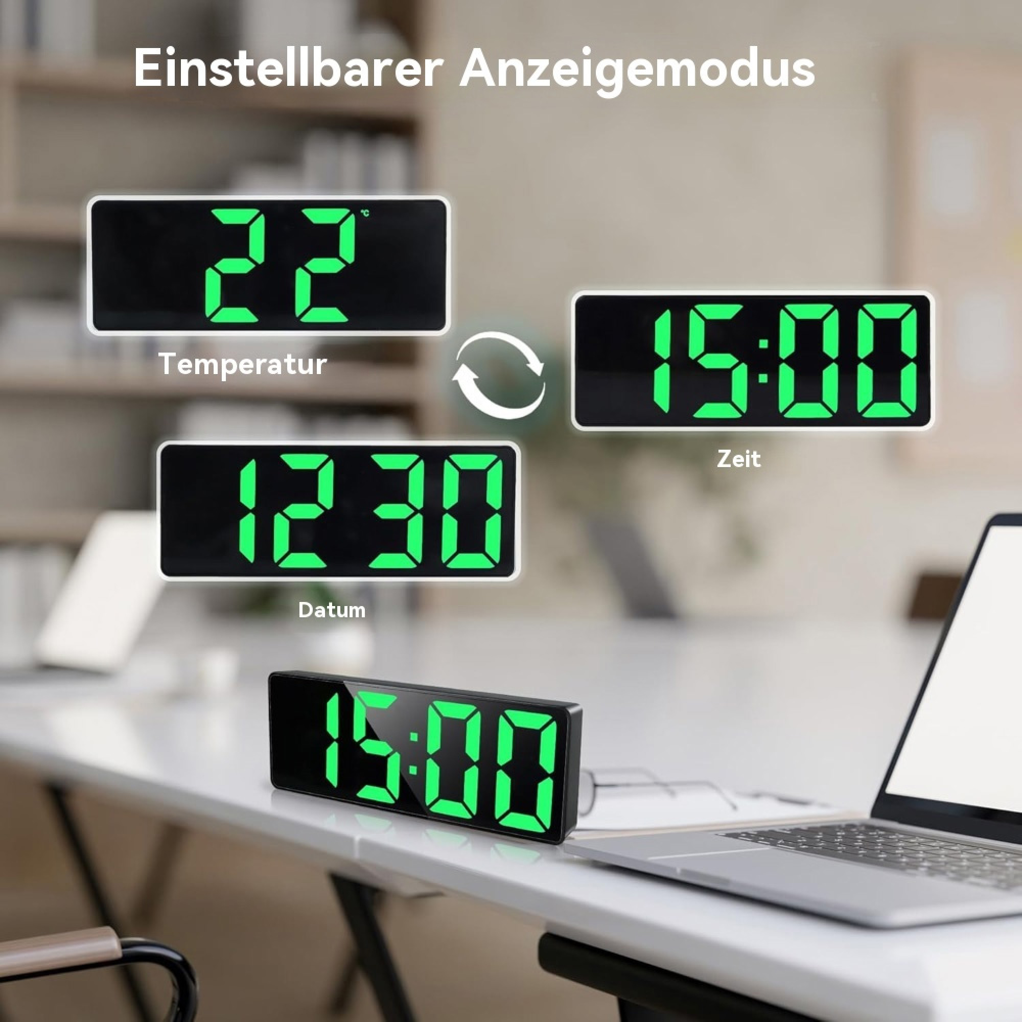 Digitaluhr zeigt Temp 22C, Datum 12:30, Zeit 15:00 an.