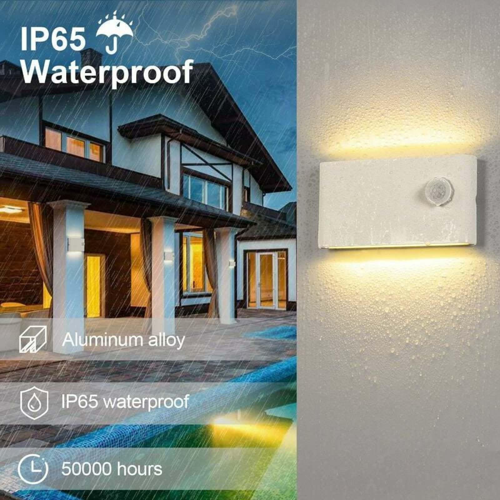 Modernes Hausaußen mit IP65 wasserdichten Wandleuchten und Regen-Effekt.
