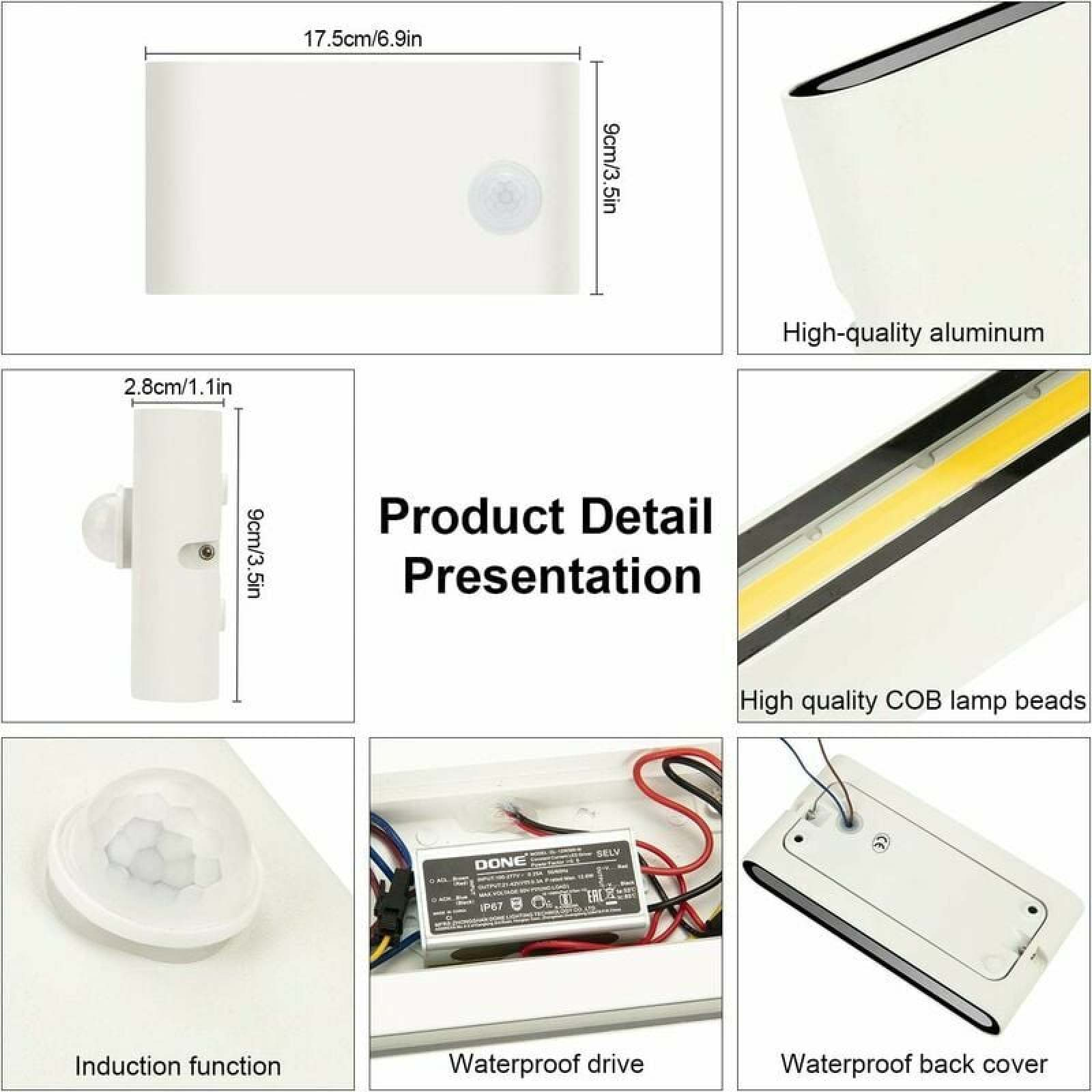 Produktdetails: weiße Lampe, Abmessungen, Aluminium, COB-Perlen, Treiber, Induktion.