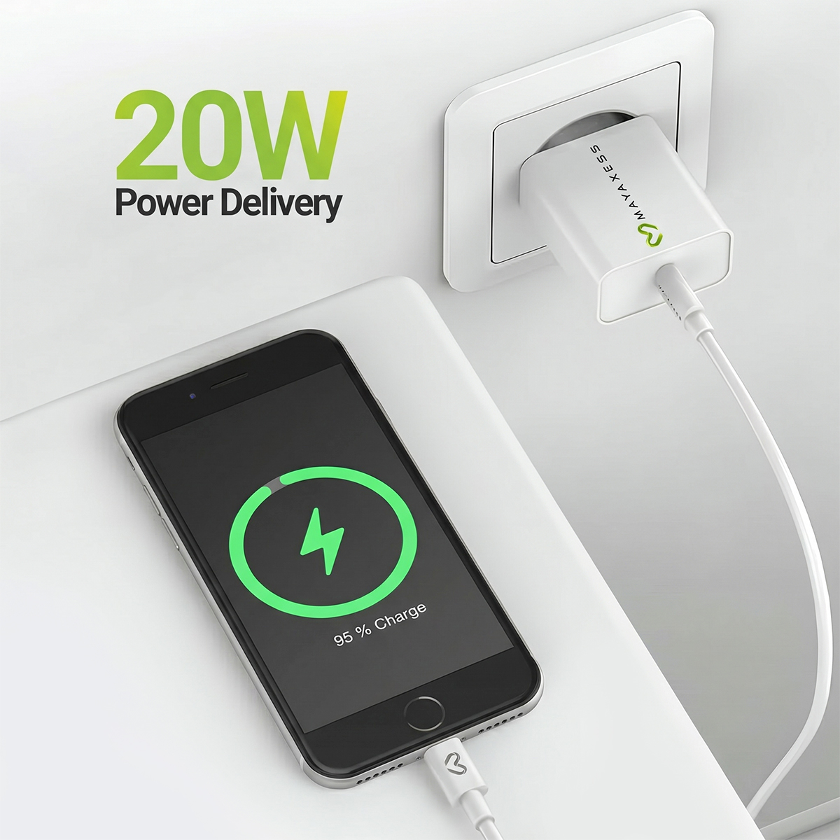 Ein iPhone wird mit einem 20W Netzteil geladen.