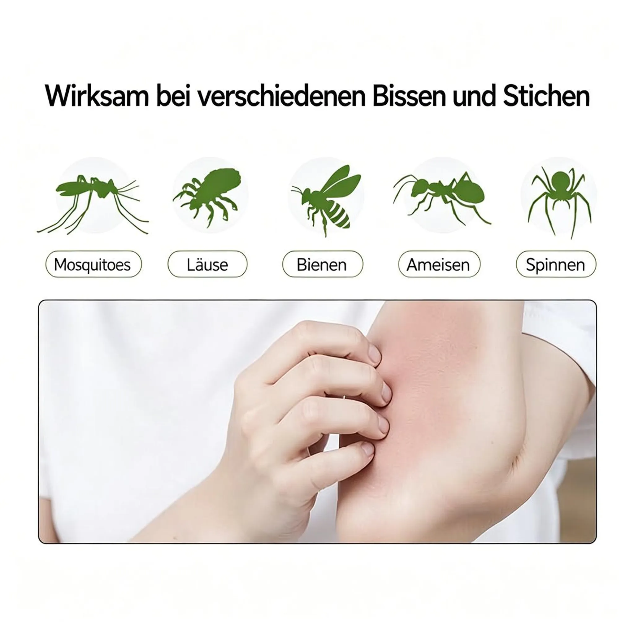 Grüne Silhouetten von Mücken, Läusen, Bienen, Ameisen, Spinnen über juckender Haut.