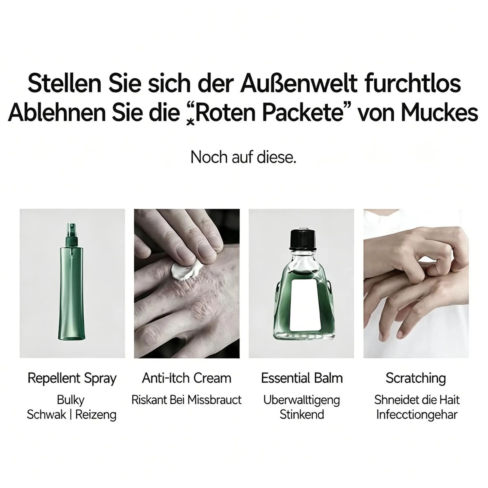 Grüner Spray, Creme auf Haut, Balsamflasche, kratzende Hände.