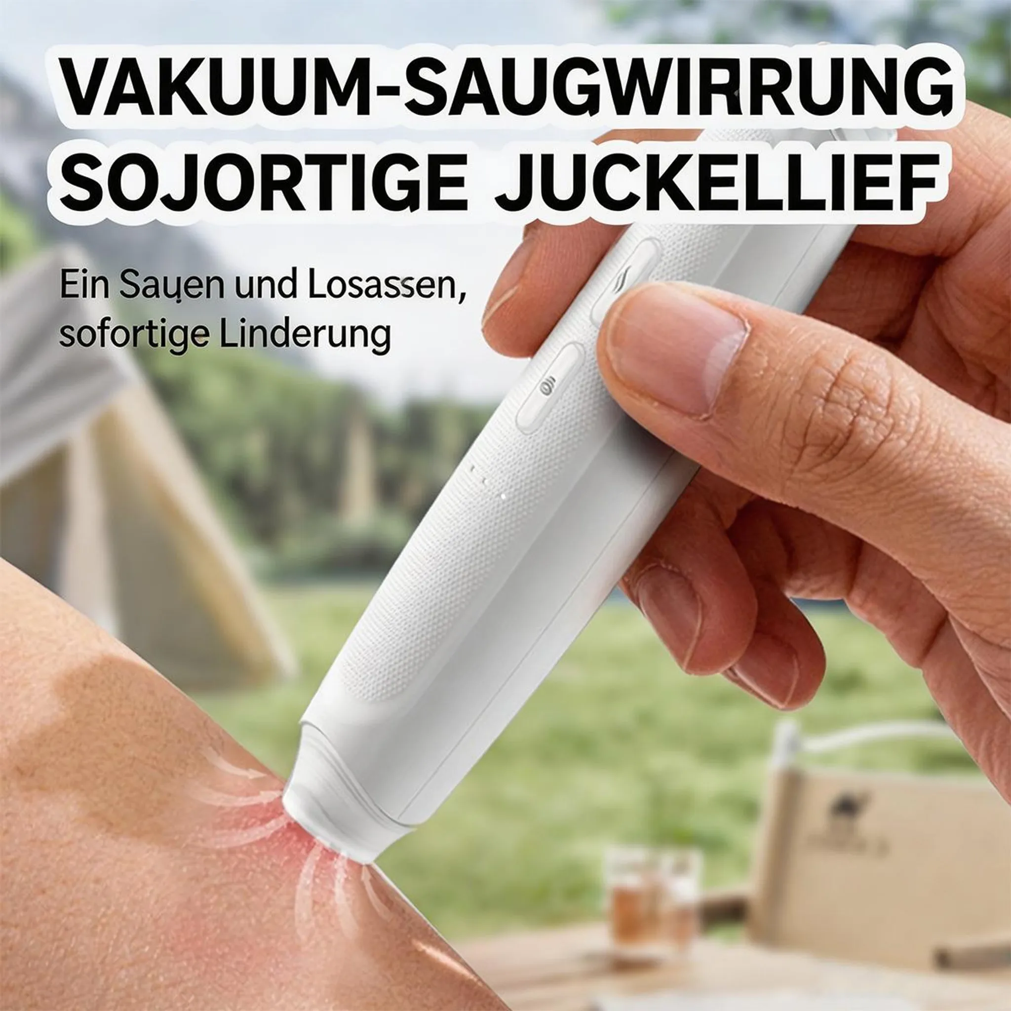 Ein weißes Gerät saugt an einem roten, gereizten Hautbereich. Im Hintergrund unscharf: Zelt, Bäume, Glas.