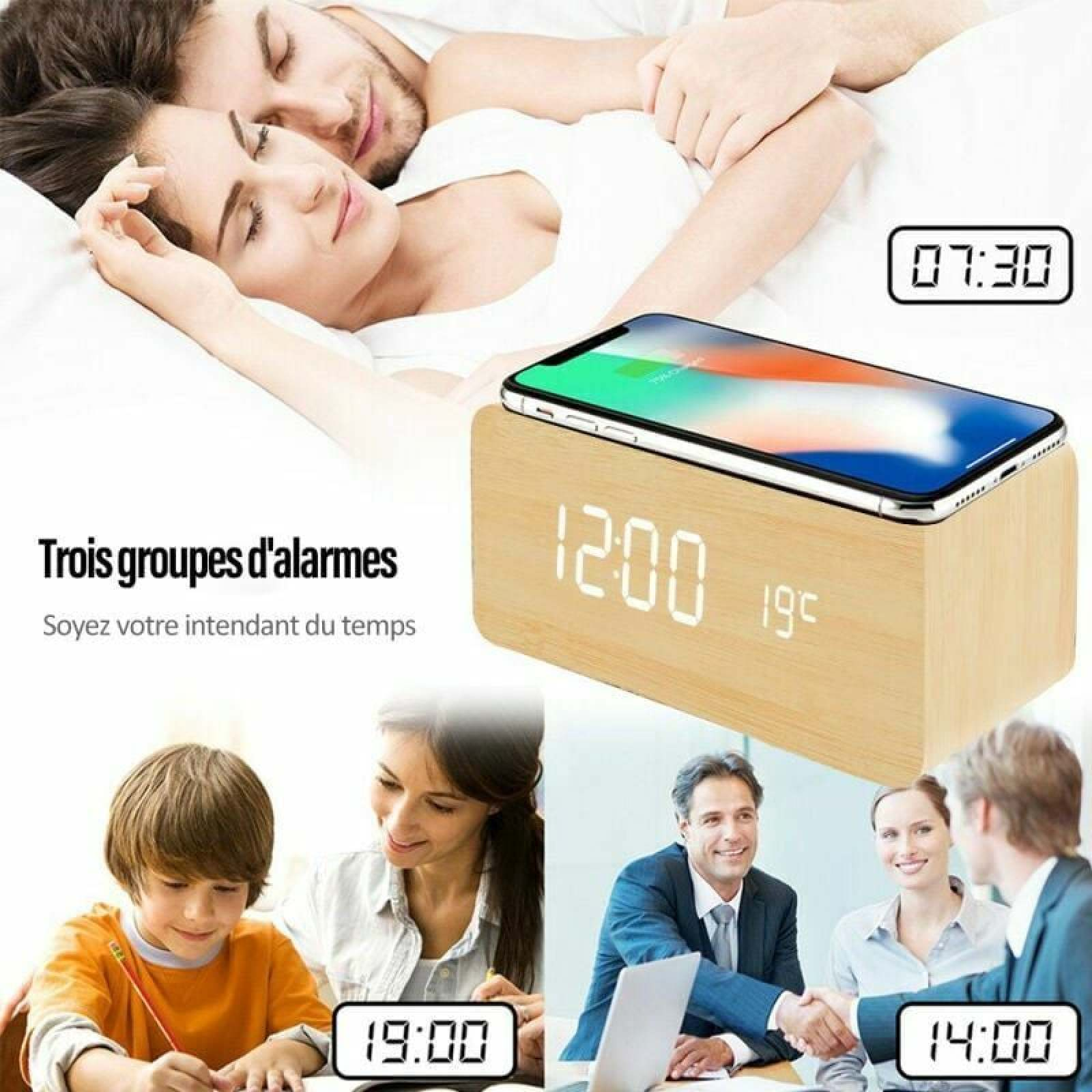 Collage: Schlafsicheres Paar, Digitaluhr, Junge mit Mutter, Geschäftstreffen.