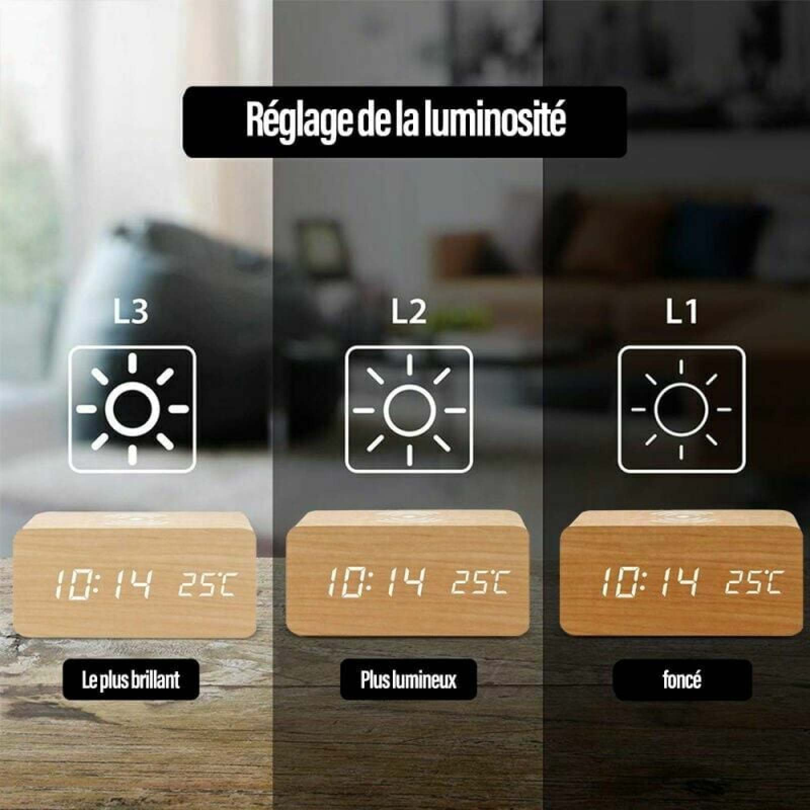 Drei digitale Holzuhren zeigen Helligkeitsstufen L3, L2, L1.