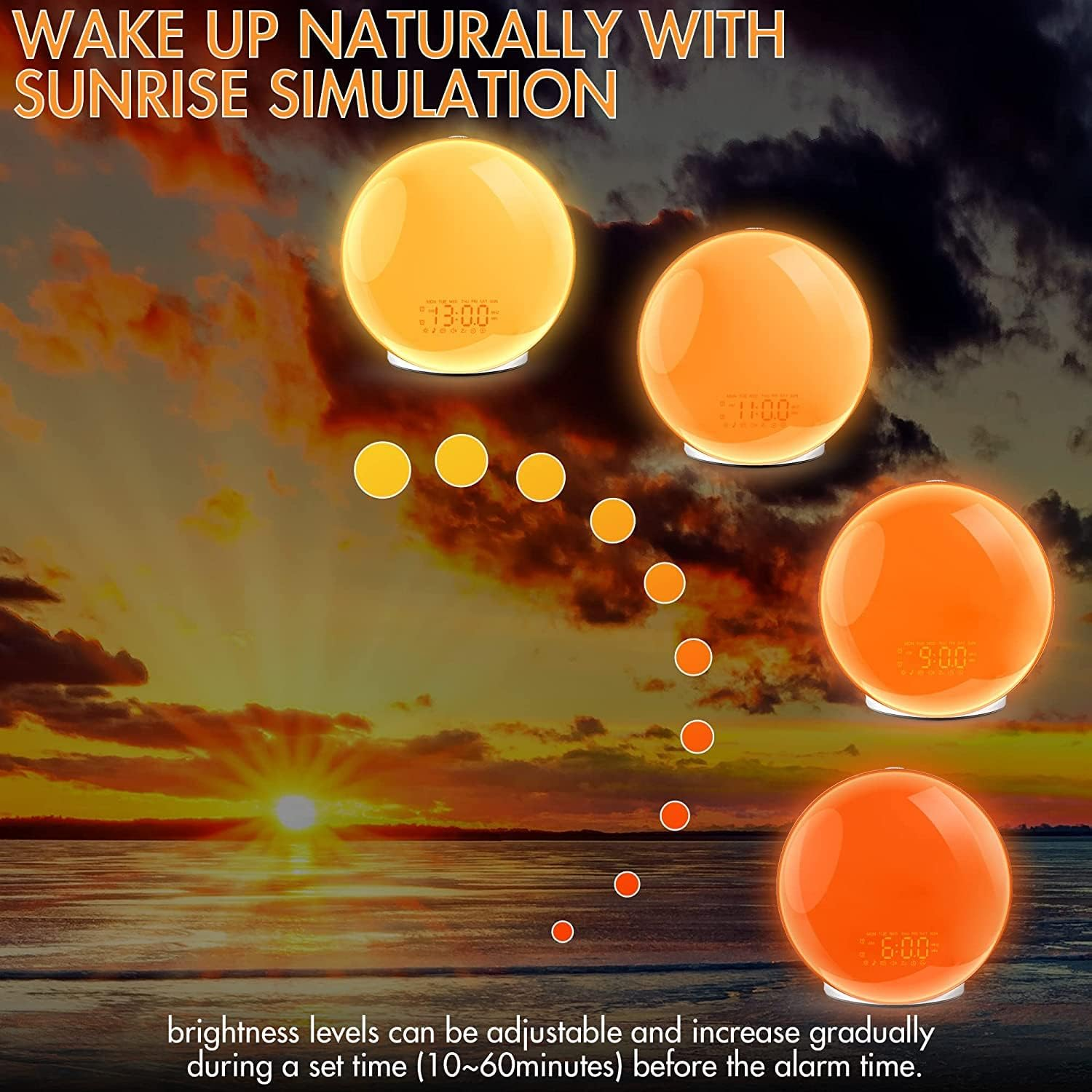Vier simulierte Sonnenaufgangswecker mit verschiedenen Zeiten und Helligkeiten auf einem Hintergrund eines Sonnenuntergangs.