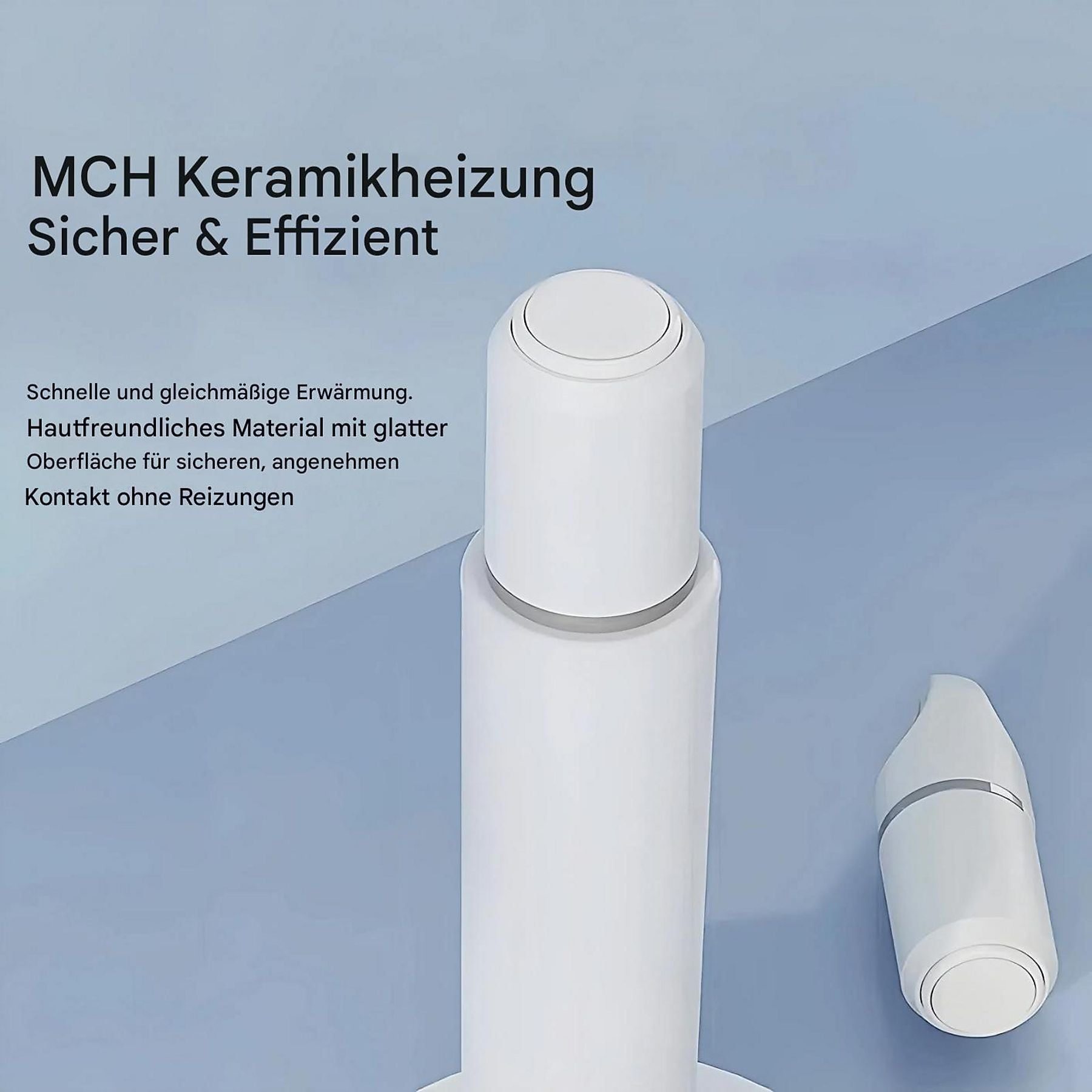 Ein weißer Keramikheizer und ein Zubehörteil auf blauem Hintergrund.