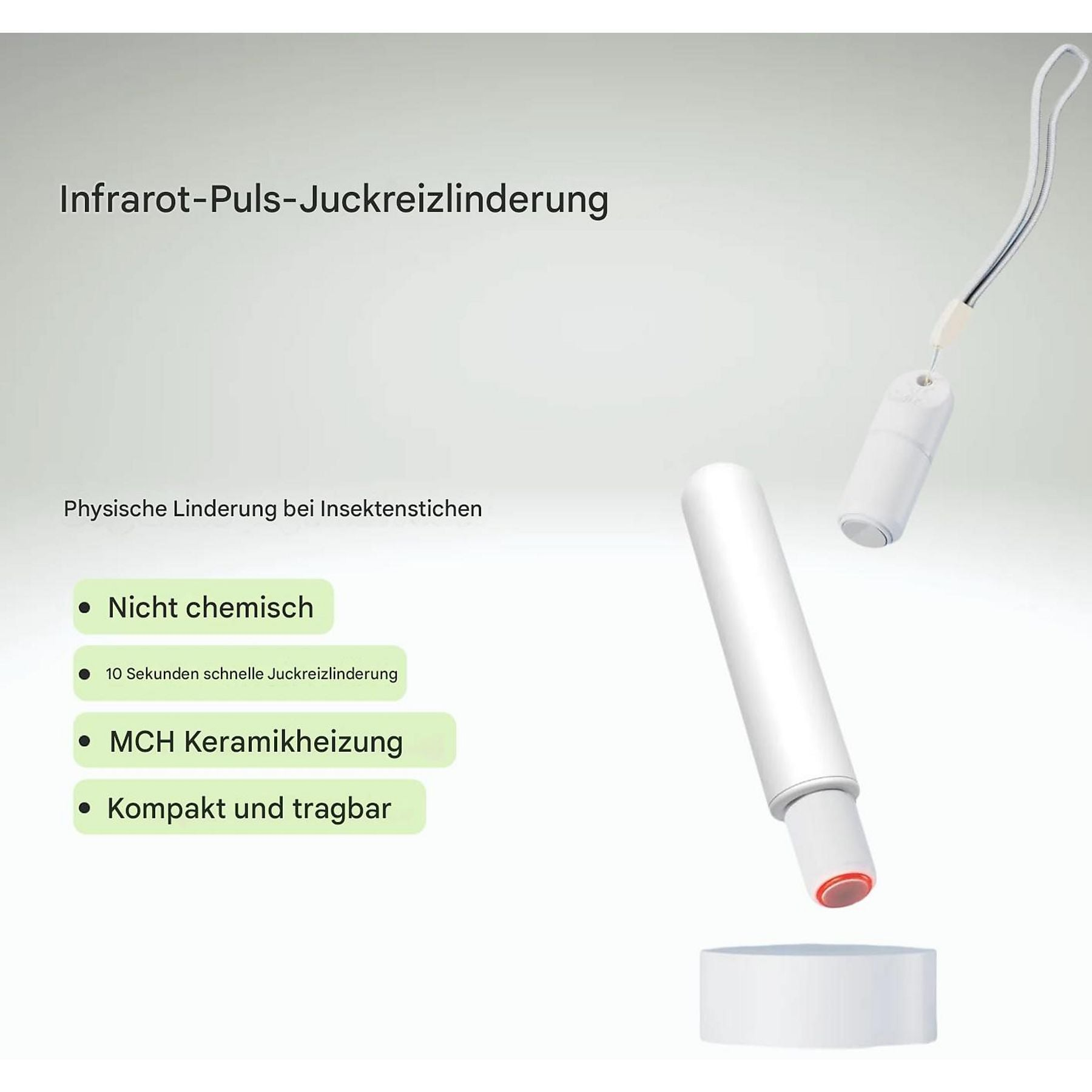 Ein weißes Gerät mit roter Spitze und Lanyard, beschriftet mit 'Infrarot-Puls-Juckreizlinderung'.