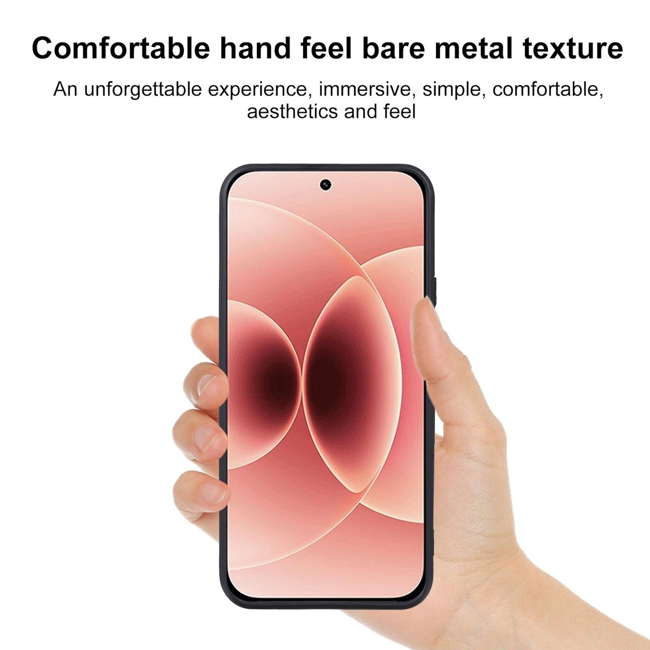 Eine Hand hält ein Smartphone mit einem rosa abstrakten Hintergrund. Nahaufnahme.