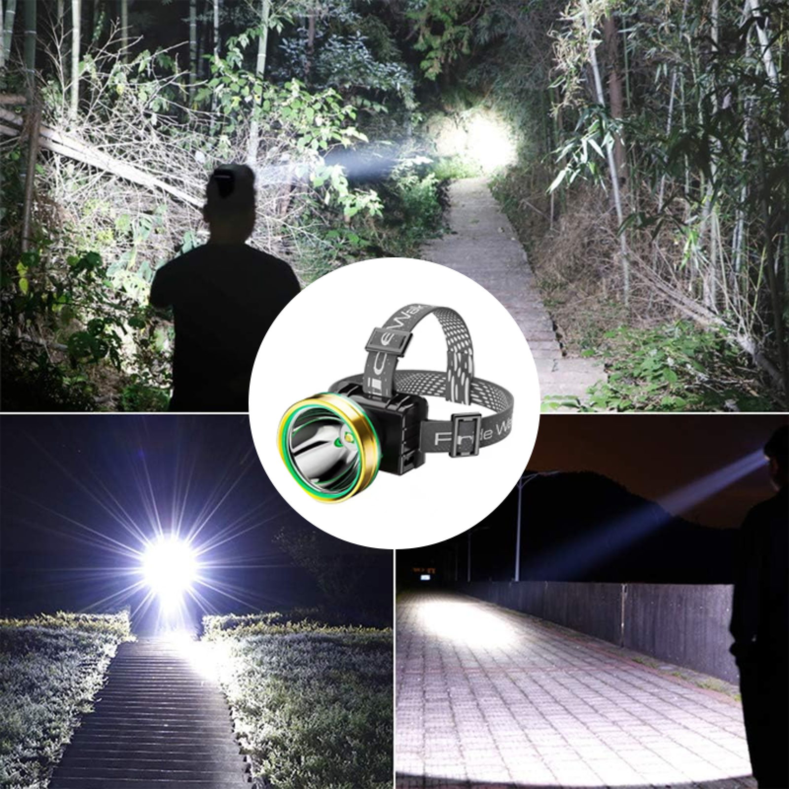 Collage zeigt eine Stirnlampe und Szenen ihrer Nutzung im Dunkeln.