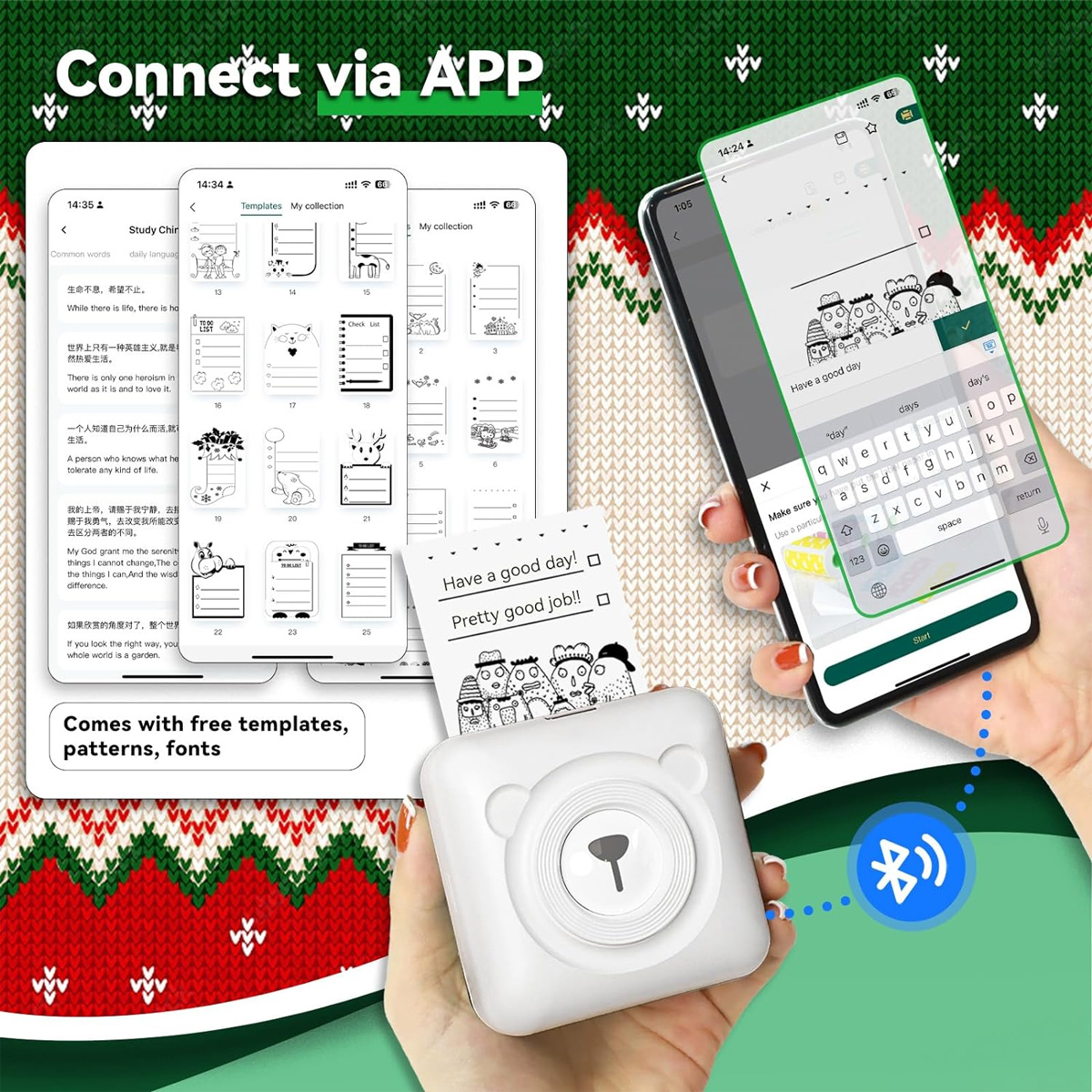 Ein weißer Mini-Drucker verbindet sich mit einem Handy, das eine App mit Vorlagen zeigt.