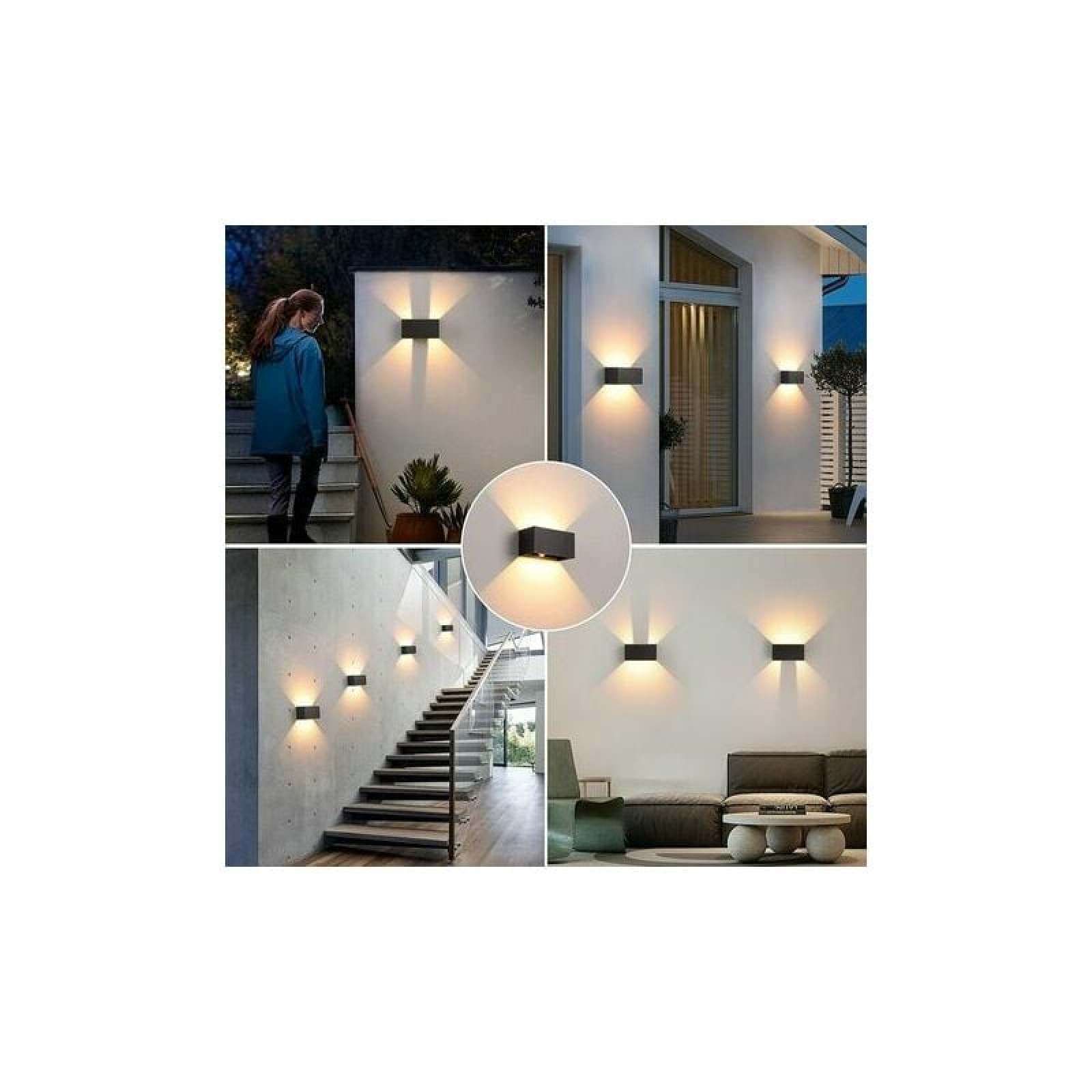 Moderne Wandleuchten beleuchten Treppen und Außenbereiche mit warmem Licht.