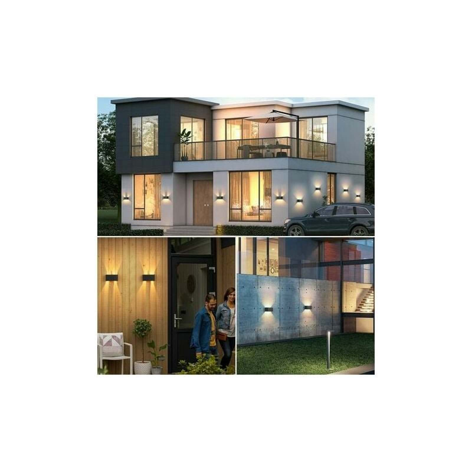 Zwei Collagen zeigen ein modernes Haus mit Außenscheinwerfern, Eingang und Auto.