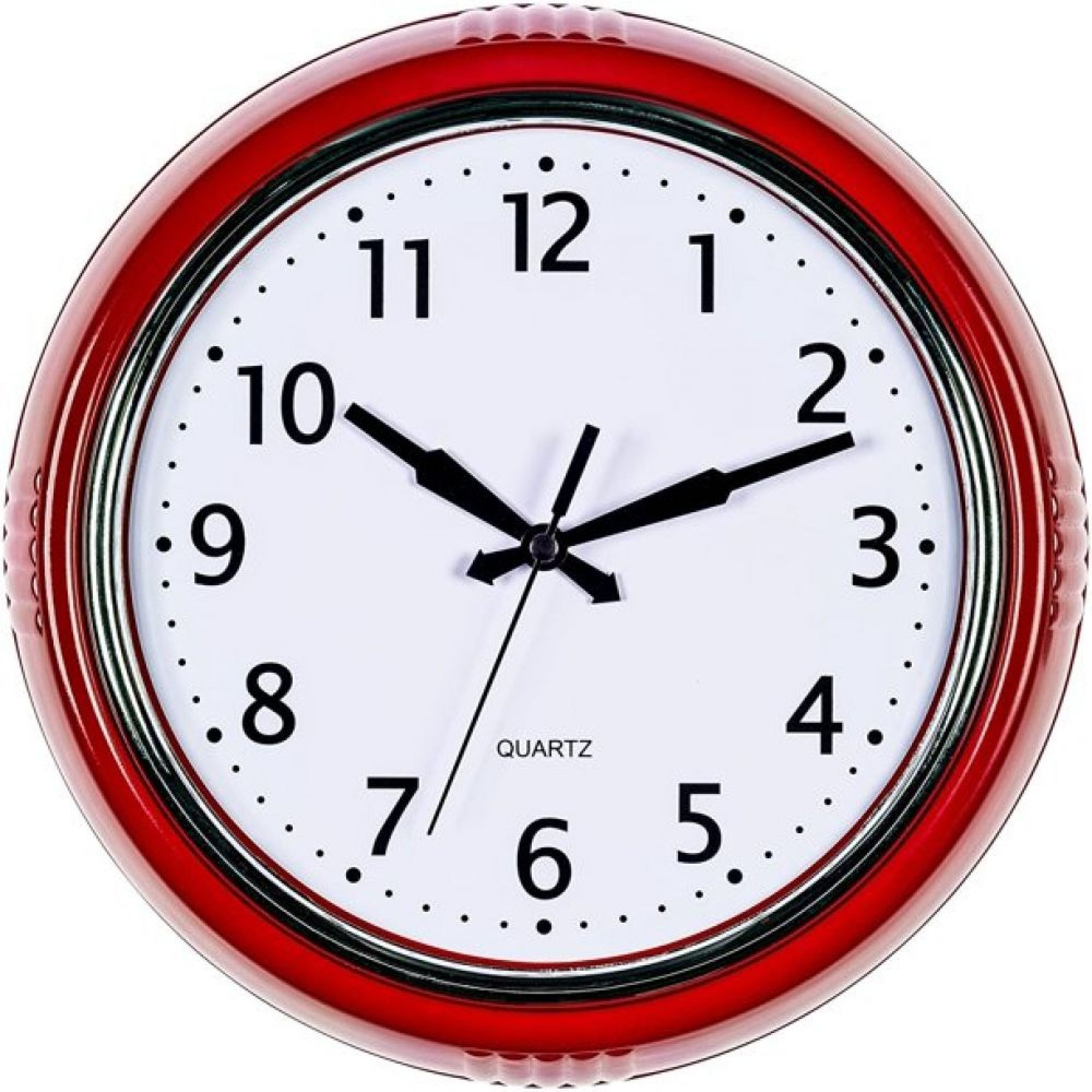 Eine rote Wanduhr mit weißen Zifferblatt, schwarzen Zeigern und Zahlen.