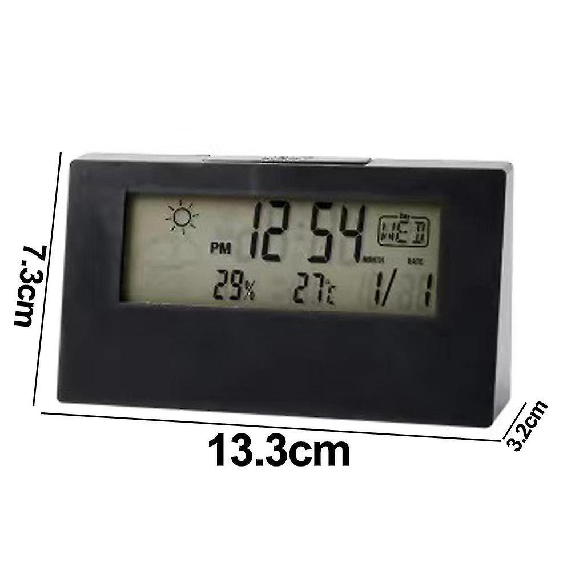 Digitaluhr zeigt 12:54 Uhr, 29% Luftfeuchtigkeit, 27C Temperatur, Datum 1/1.