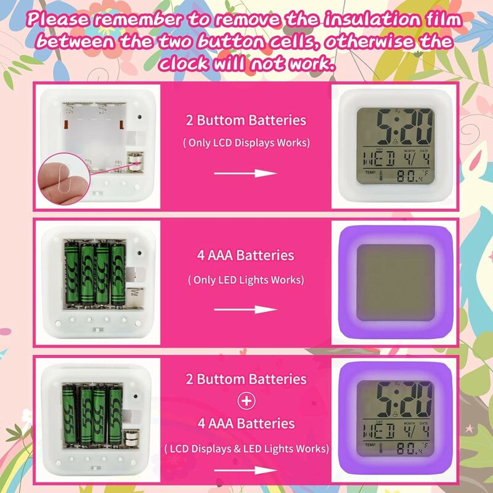 Uhr mit Batterieoptionen: 2 Knopfbatterien (nur LCD), 4 AAA (nur LEDs), 2 Knopfbatterien + 4 AAA (beides).